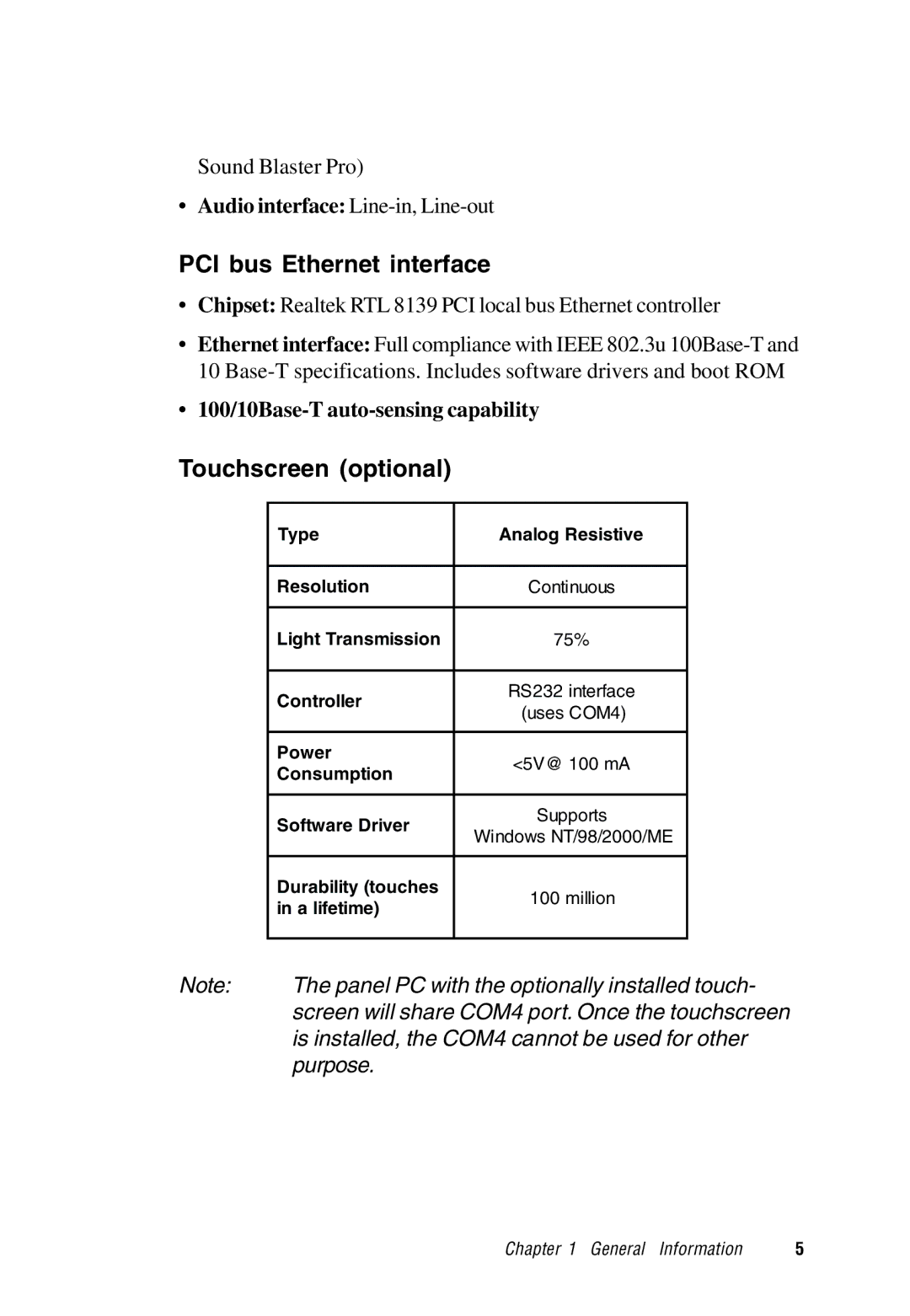 Advantech PPC-S123 manual PCI bus Ethernet interface, Touchscreen optional, Audio interface Line-in,Line-out 