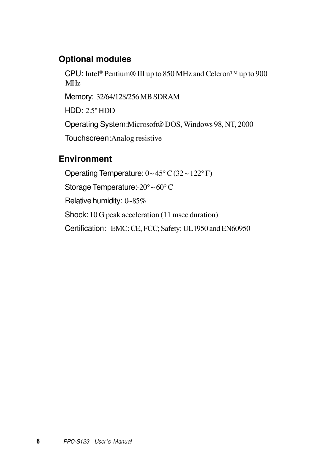 Advantech PPC-S123 manual Optional modules, Environment 