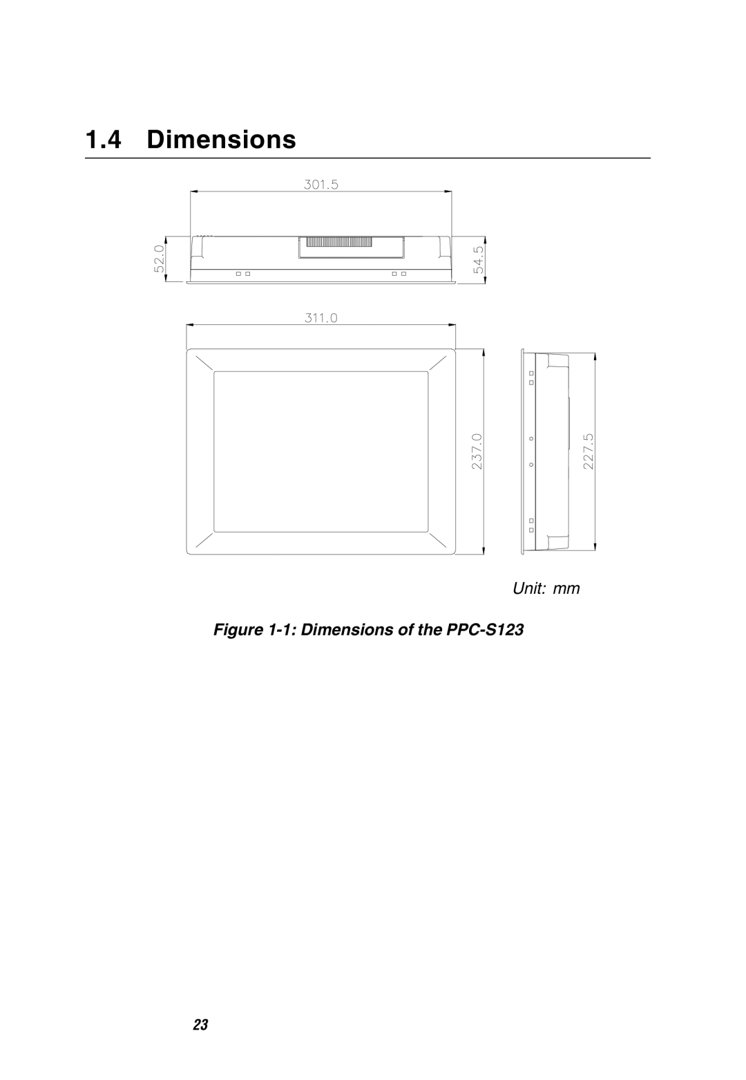 Advantech manual Dimensions of the PPC-S123 