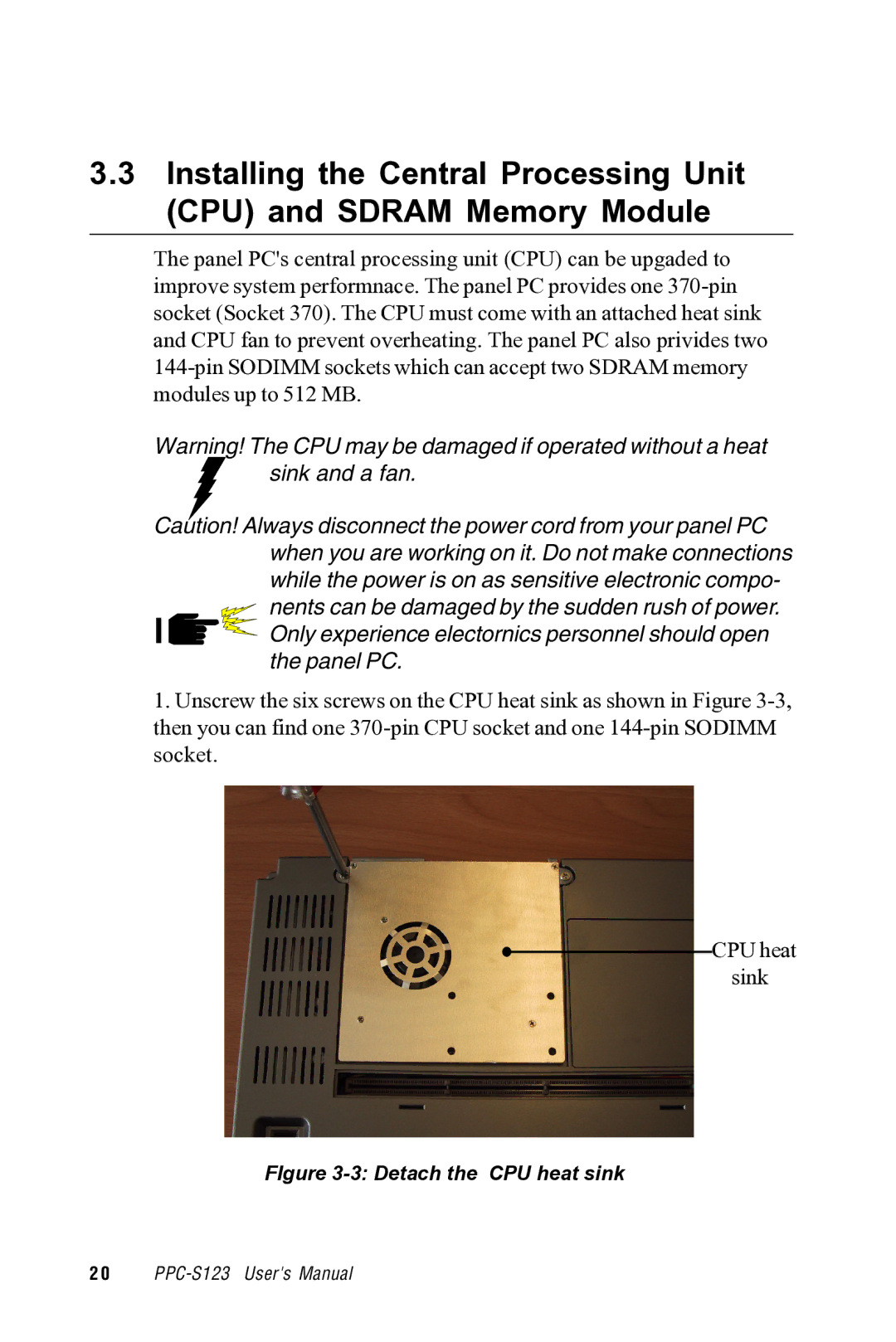 Advantech PPC-S123 manual Detach the CPU heat sink 