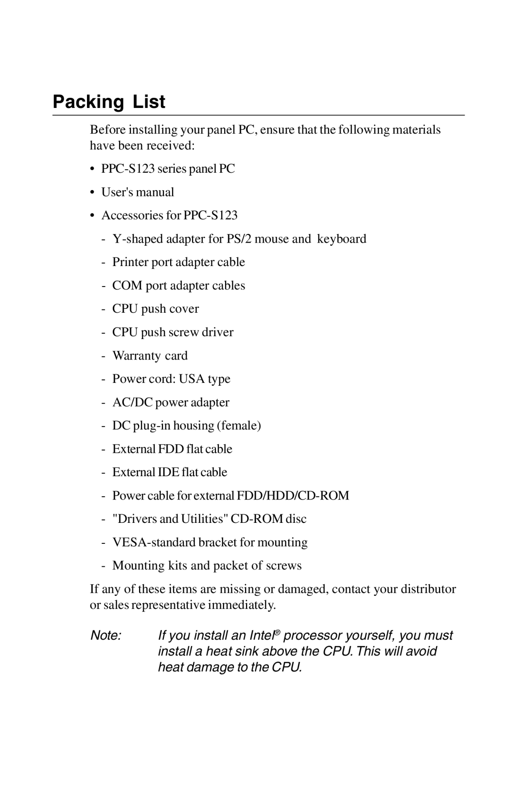 Advantech PPC-S123 manual Packing List 