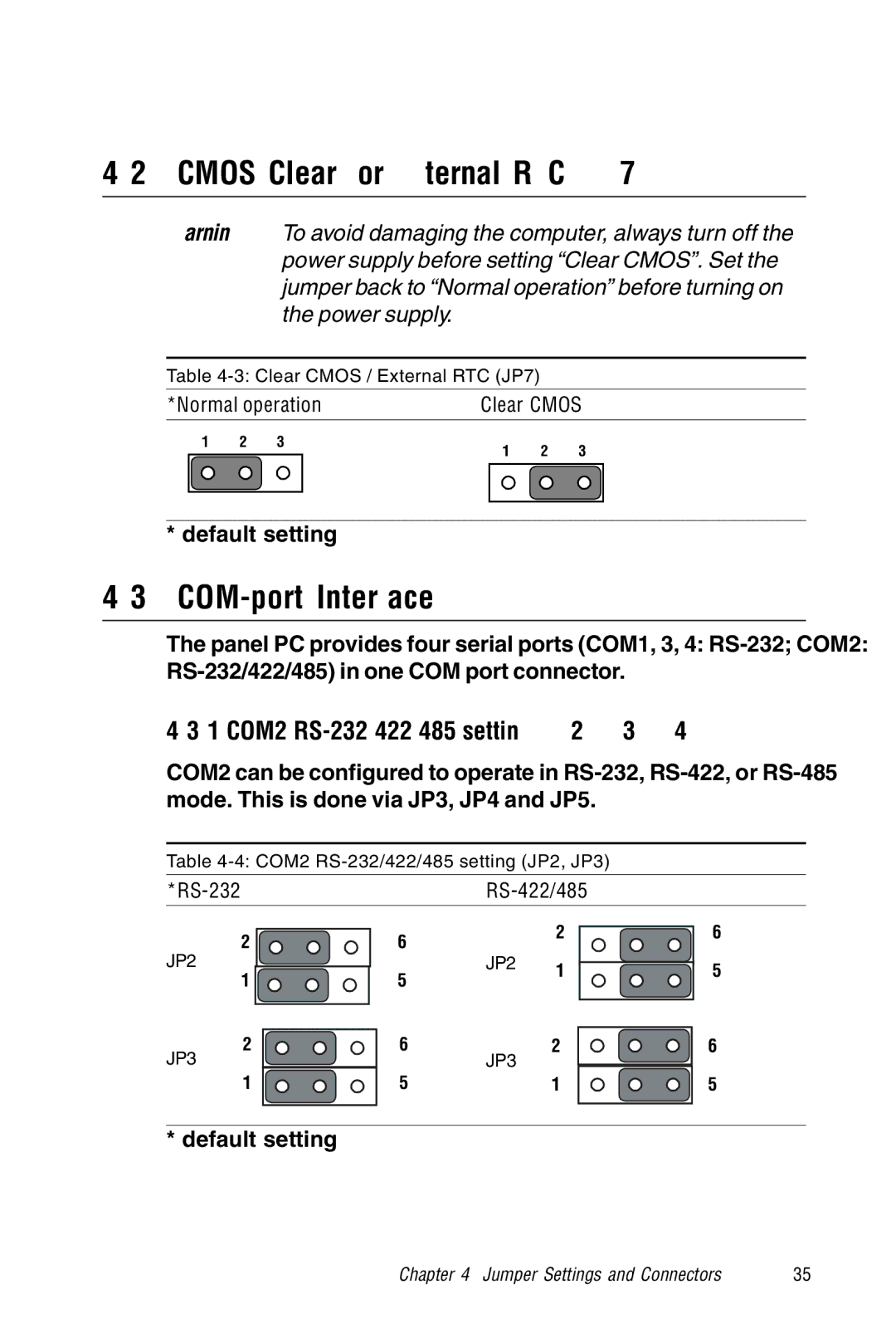Advantech PPC-S123 manual Cmos Clear for External RTC JP7, COM-port Interface, 1 COM2 RS-232/422/485 setting JP2, JP3, JP4 