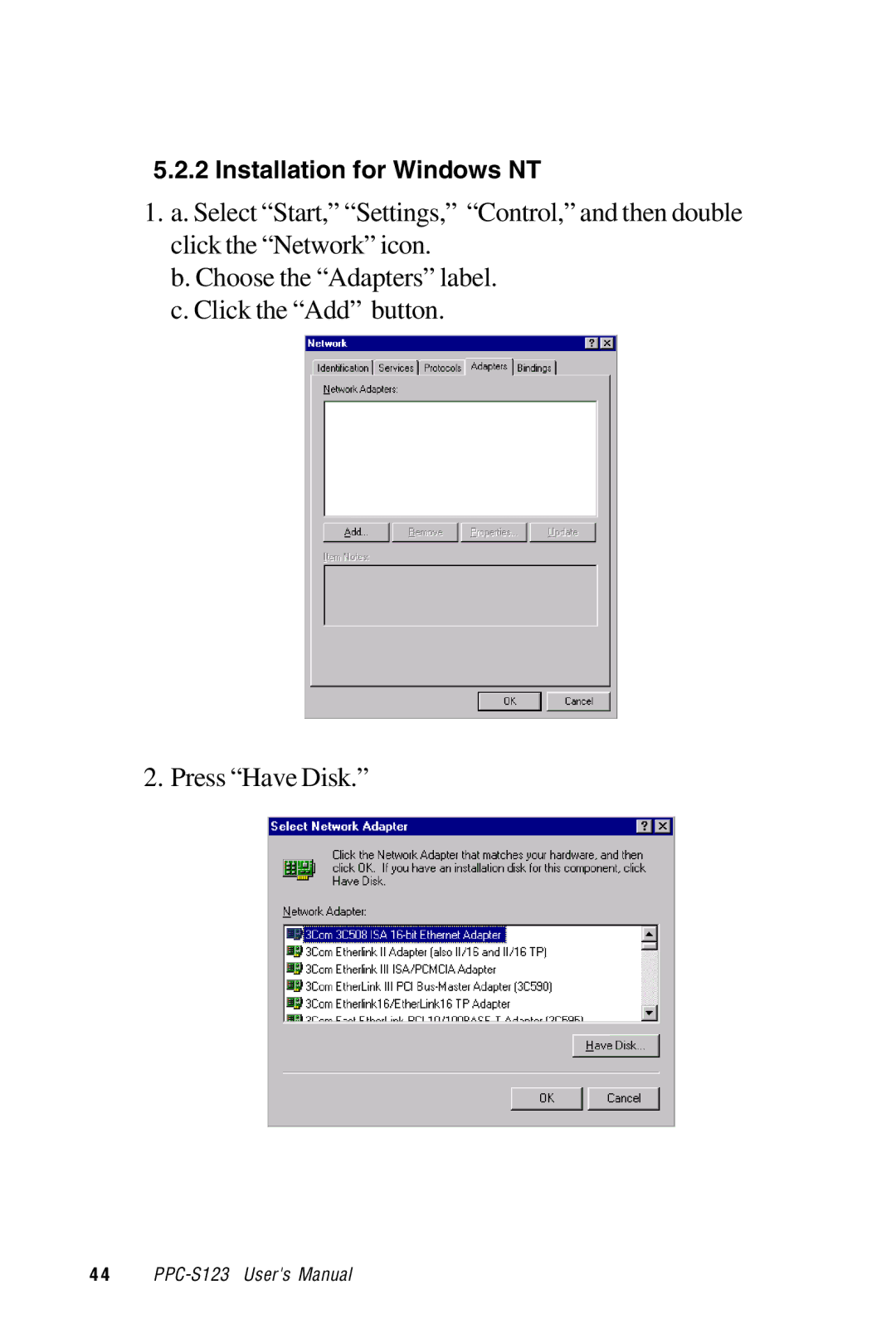 Advantech PPC-S123 manual Installation for Windows NT 