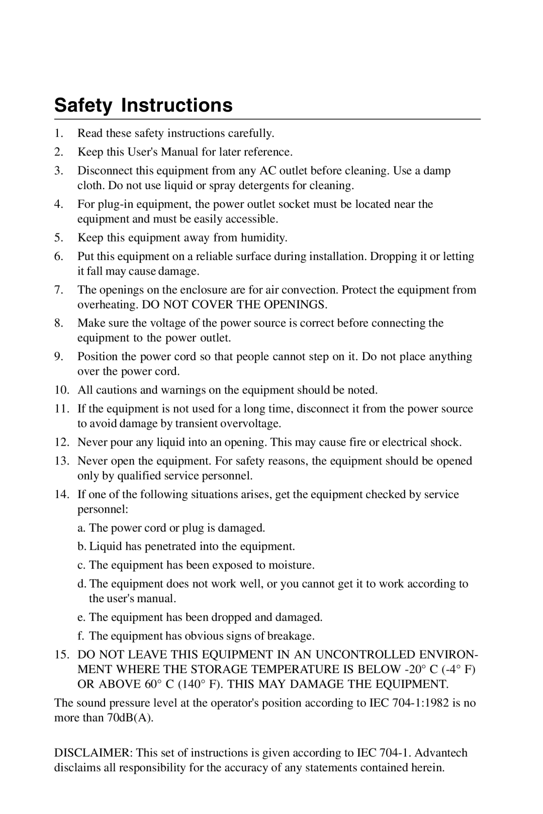 Advantech PPC-S123 manual Safety Instructions 