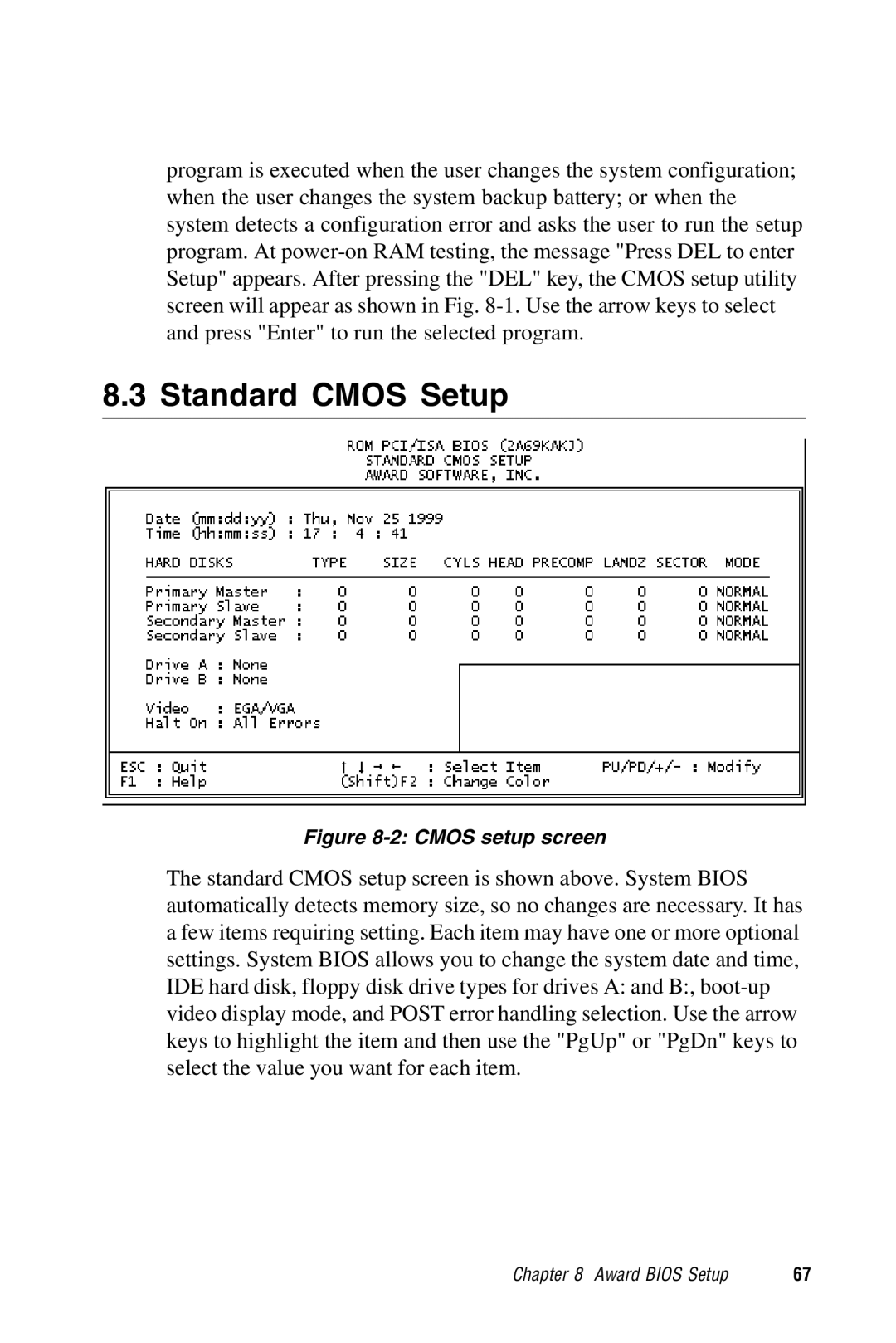 Advantech PPC-S123 manual Standard Cmos Setup, Cmos setup screen 