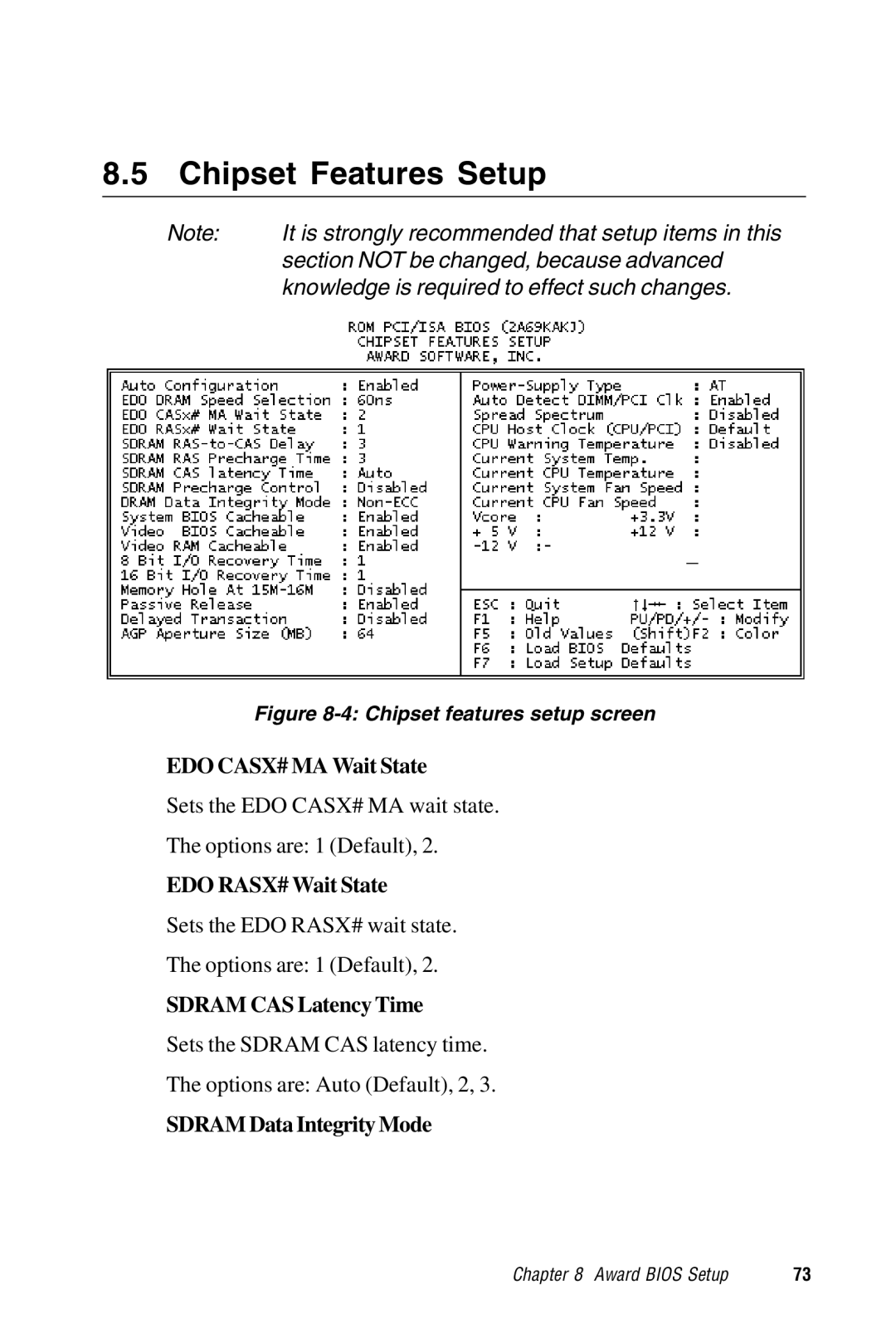 Advantech PPC-S123 manual Chipset Features Setup, EDO CASX# MA Wait State, EDO RASX# Wait State, Sdram CAS Latency Time 