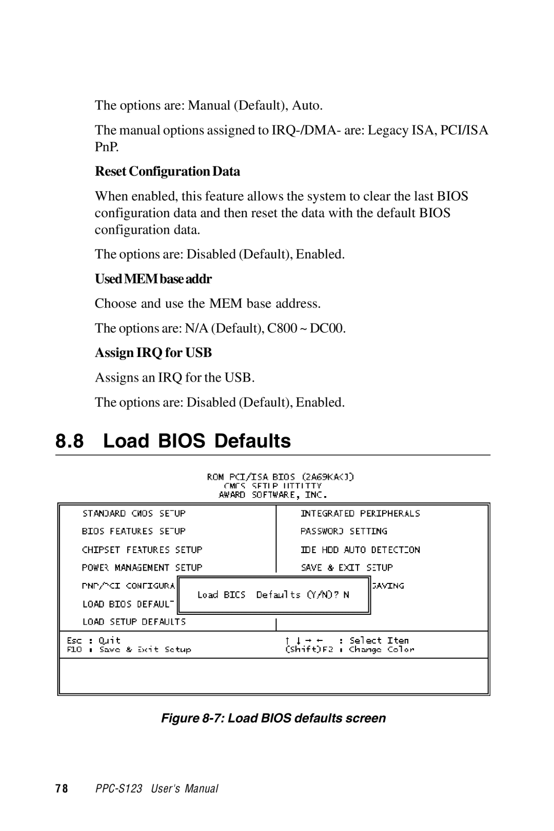 Advantech PPC-S123 manual Load Bios Defaults, Reset Configuration Data, Used MEM base addr, Assign IRQ for USB 