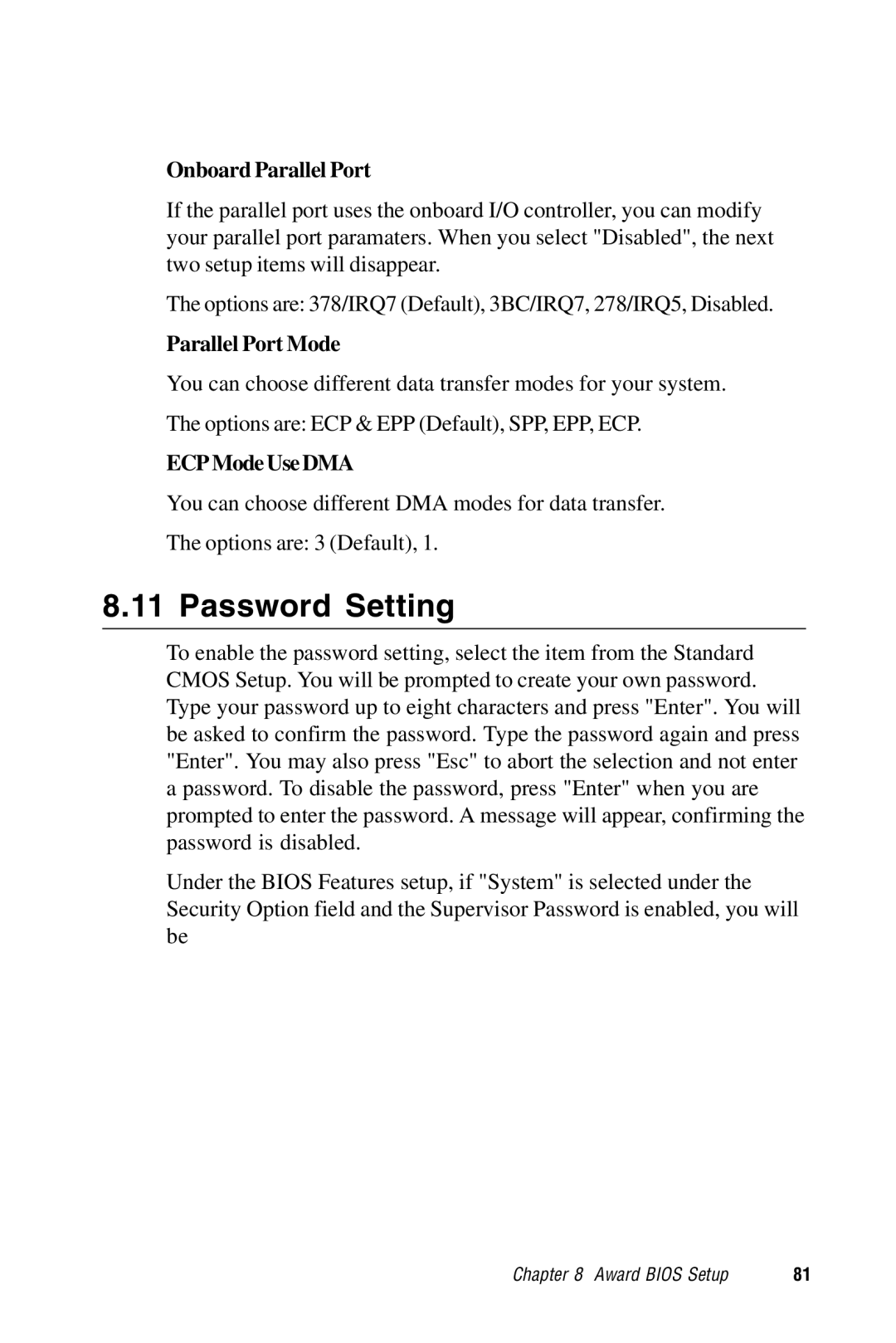 Advantech PPC-S123 manual Password Setting, Onboard Parallel Port, Parallel Port Mode, ECP Mode Use DMA 