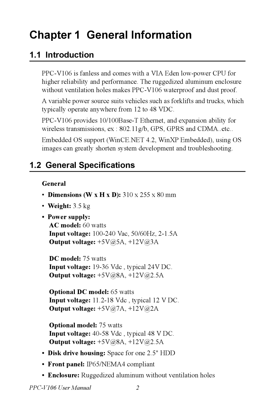 Advantech PPC-V106 user manual Introduction, General Specifications 