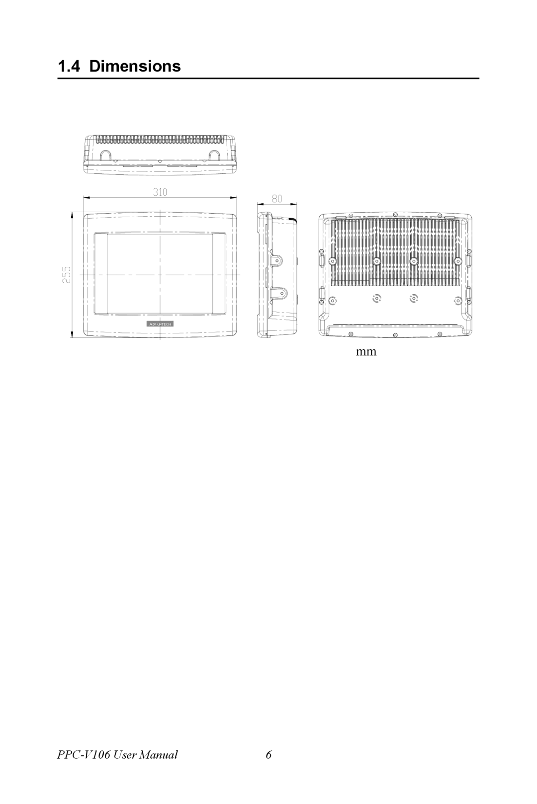 Advantech PPC-V106 user manual Dimensions 