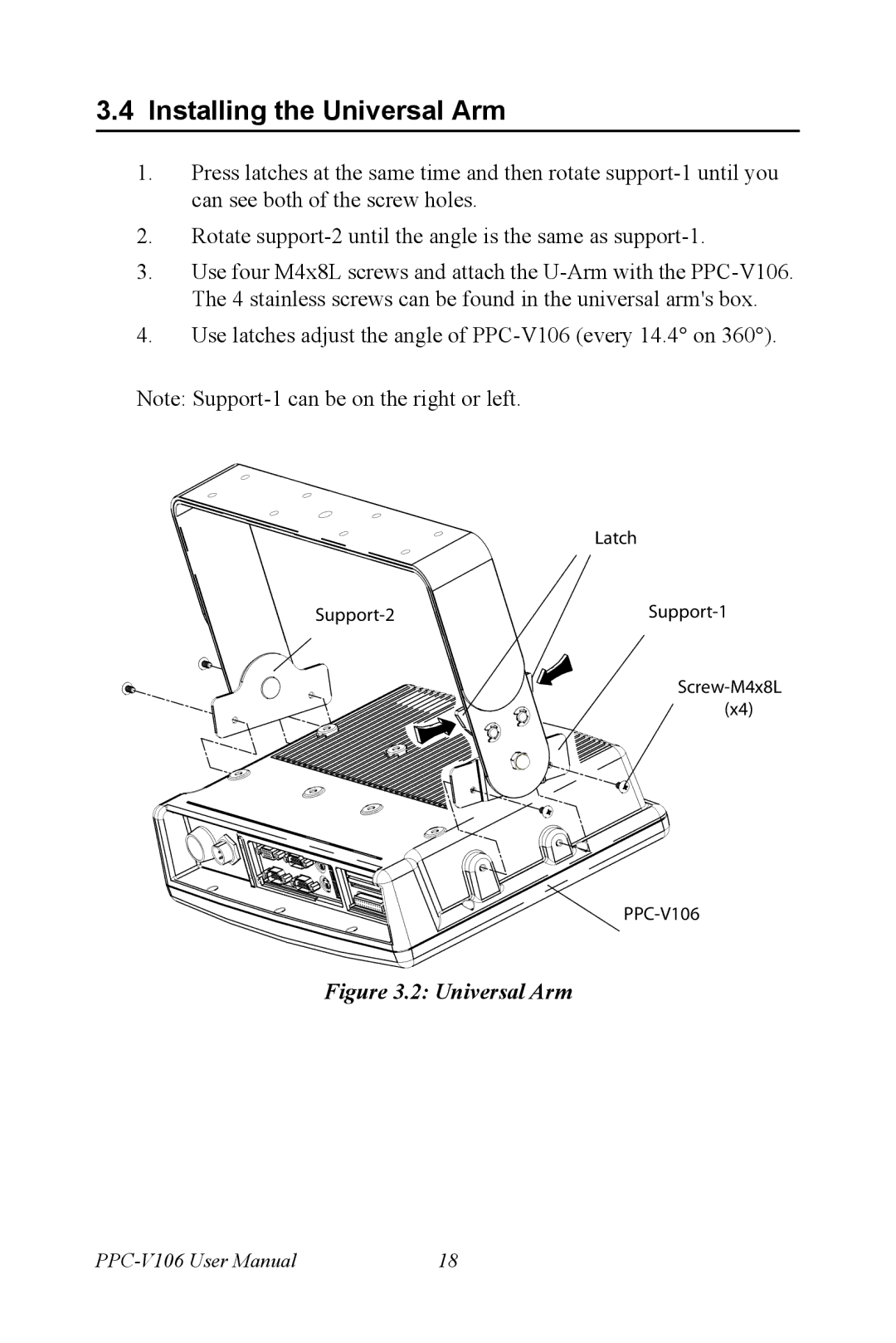 Advantech PPC-V106 user manual Installing the Universal Arm 