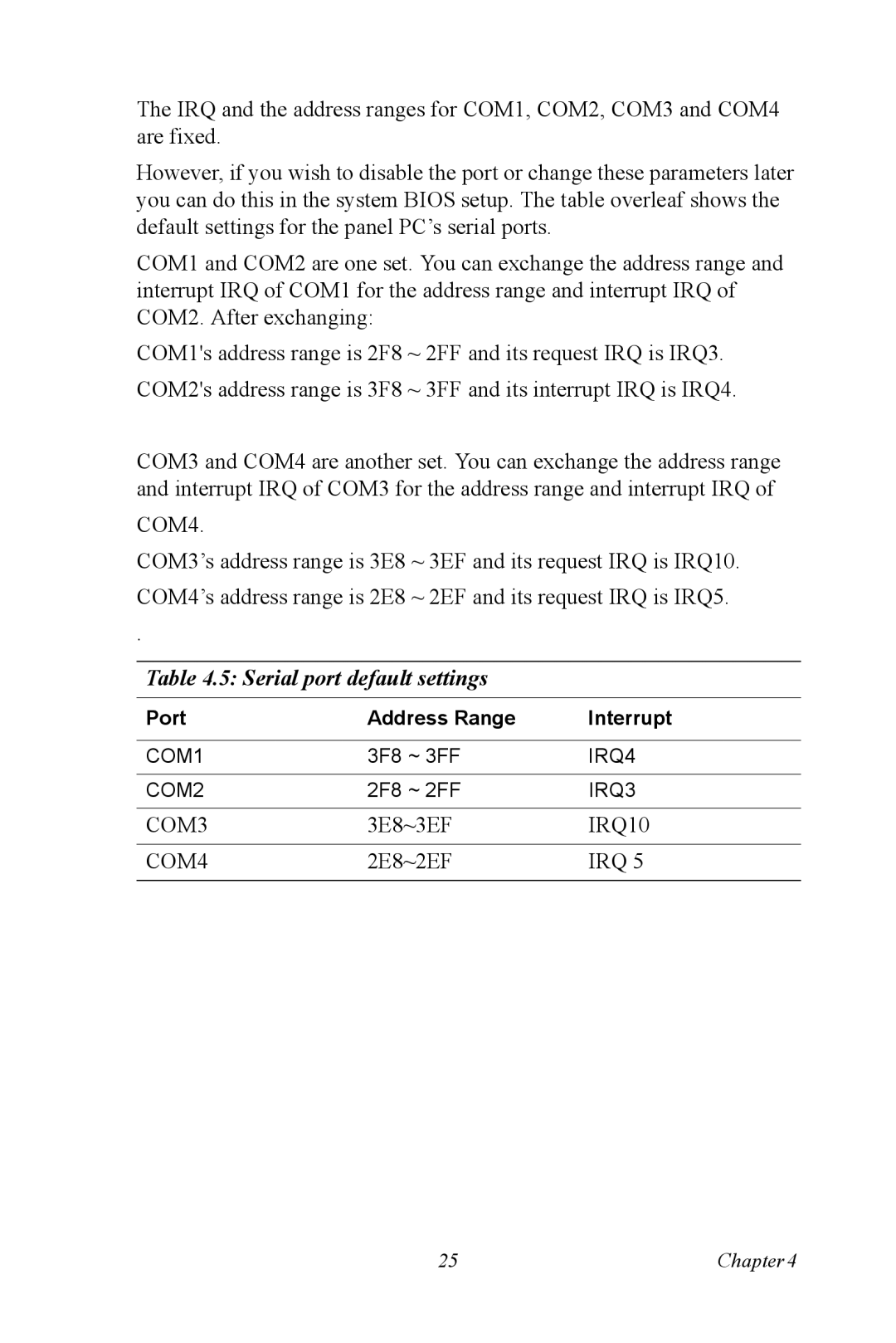 Advantech PPC-V106 user manual Serial port default settings 