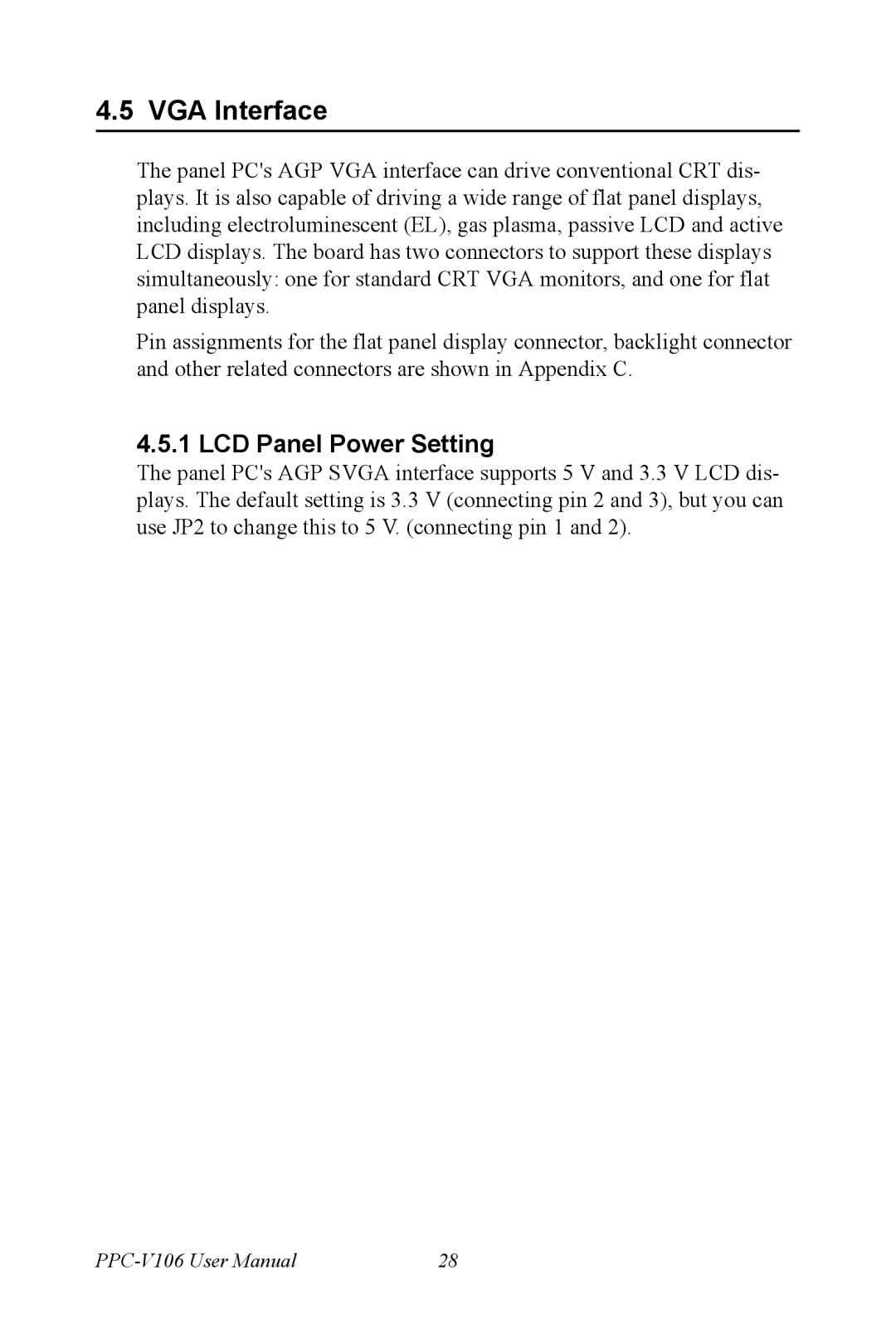 Advantech PPC-V106 user manual VGA Interface, LCD Panel Power Setting 