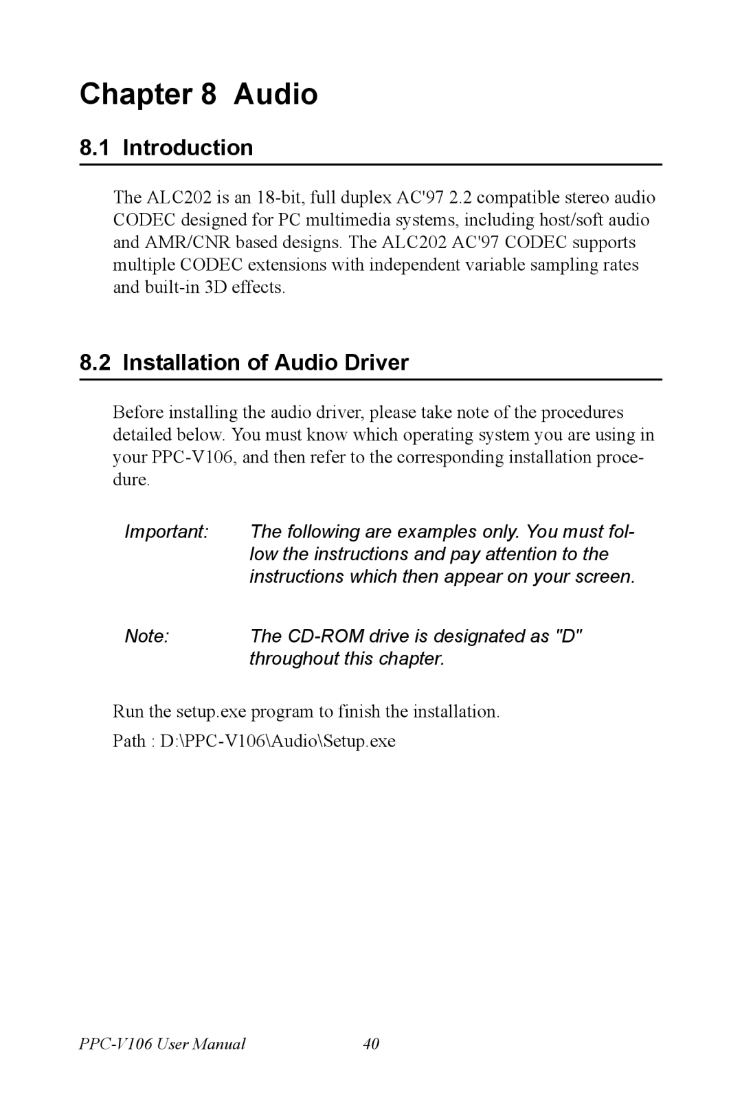 Advantech PPC-V106 user manual Introduction, Installation of Audio Driver 