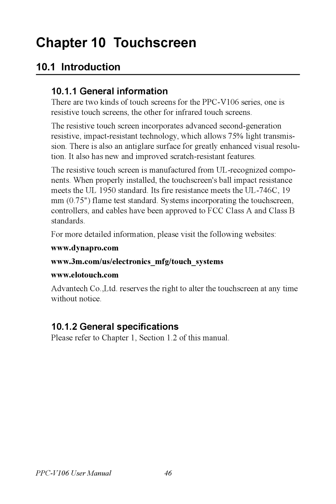 Advantech PPC-V106 user manual General information, General specifications 