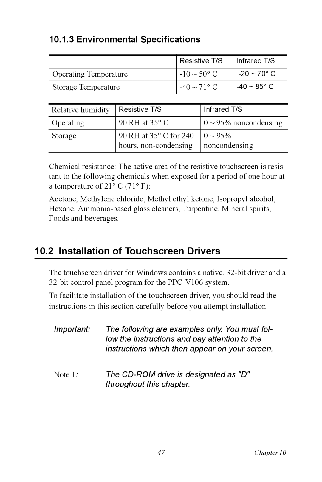 Advantech PPC-V106 user manual Installation of Touchscreen Drivers, Environmental Specifications 