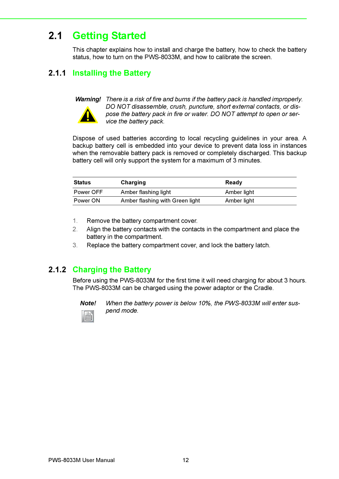 Advantech PWS-8033M manual Getting Started, Installing the Battery, Charging the Battery 