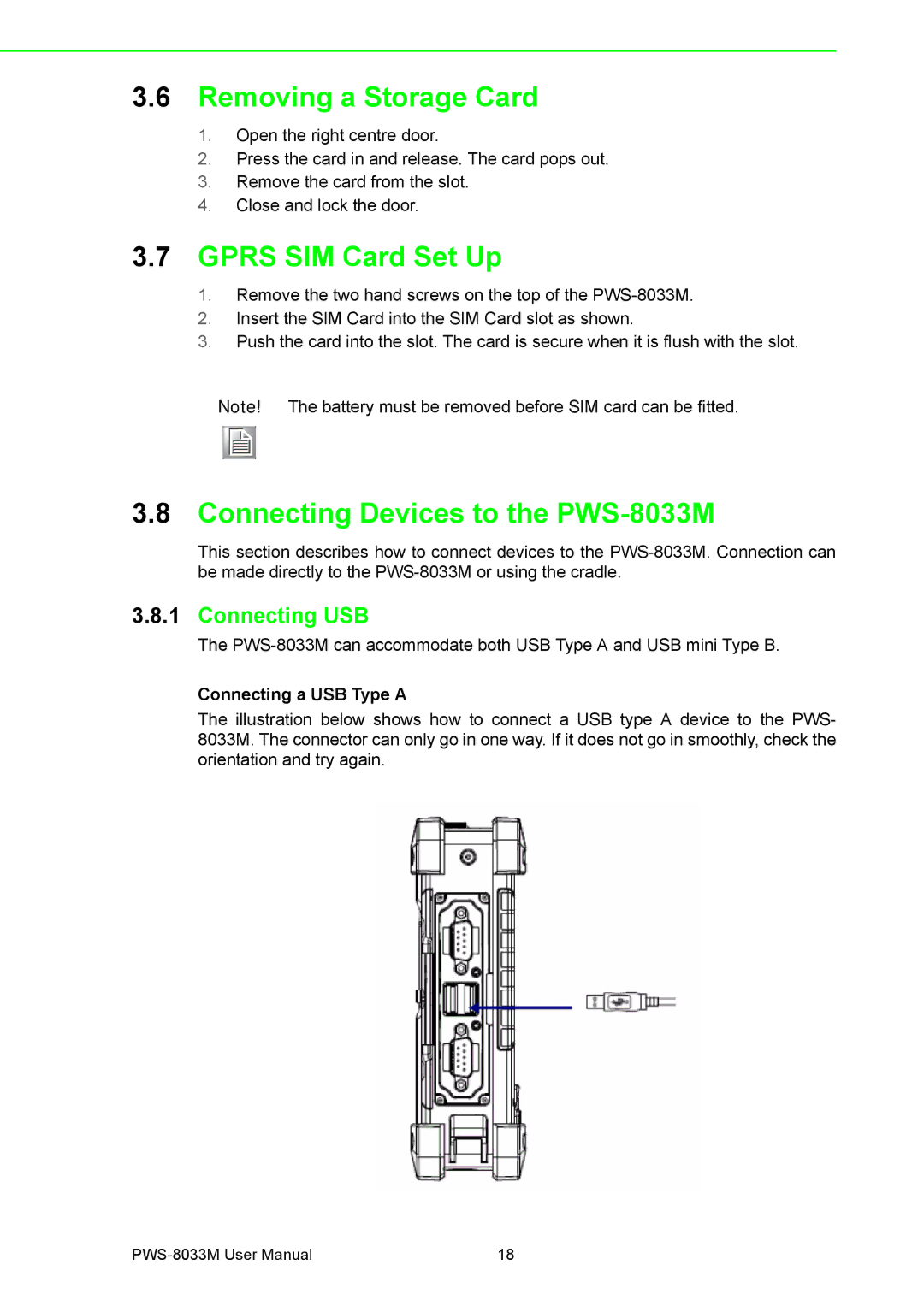 Advantech manual Removing a Storage Card, Gprs SIM Card Set Up, Connecting Devices to the PWS-8033M, Connecting USB 