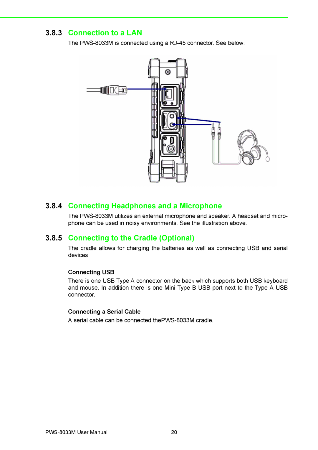 Advantech PWS-8033M manual Connection to a LAN, Connecting Headphones and a Microphone, Connecting to the Cradle Optional 