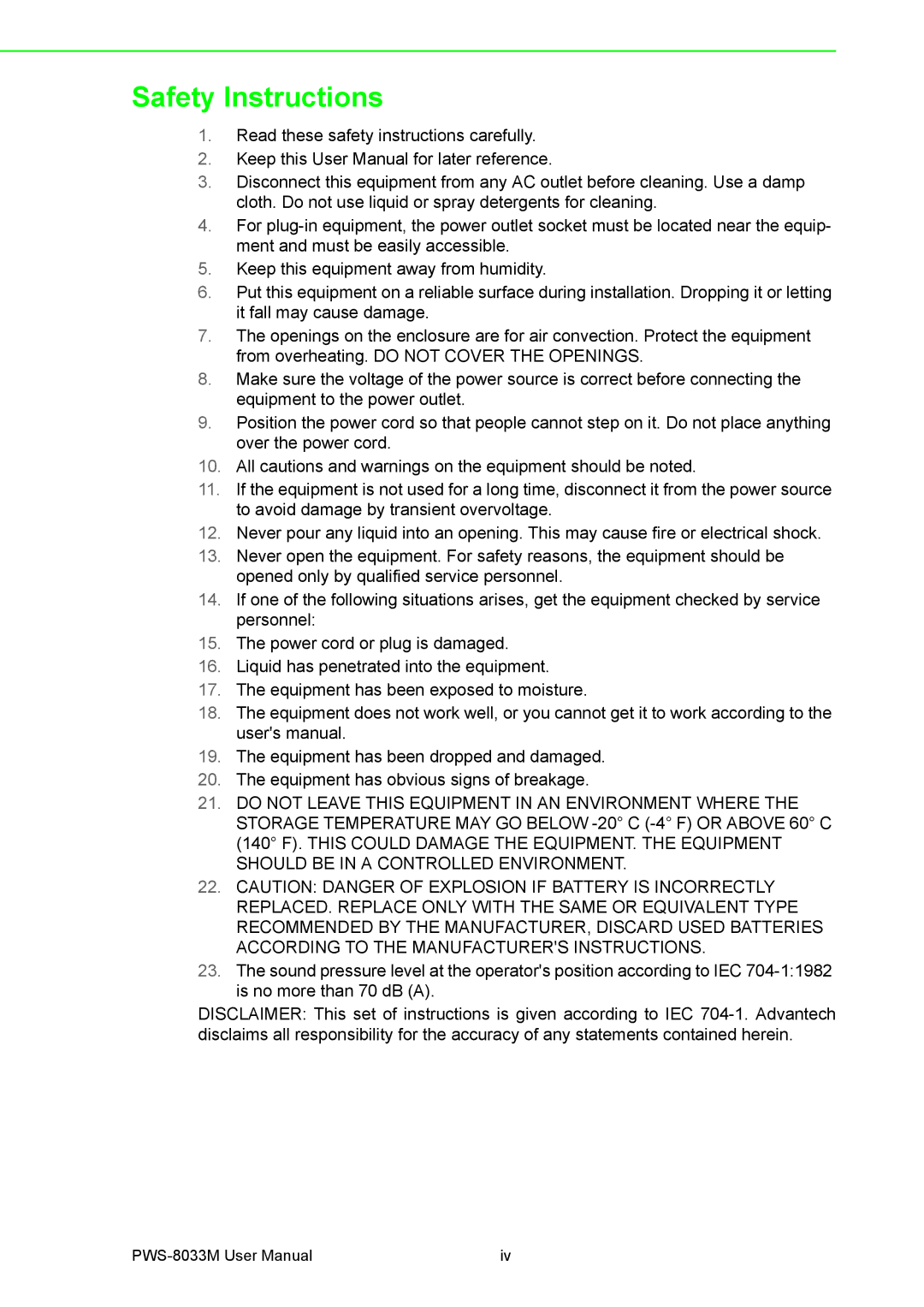 Advantech PWS-8033M manual Safety Instructions 