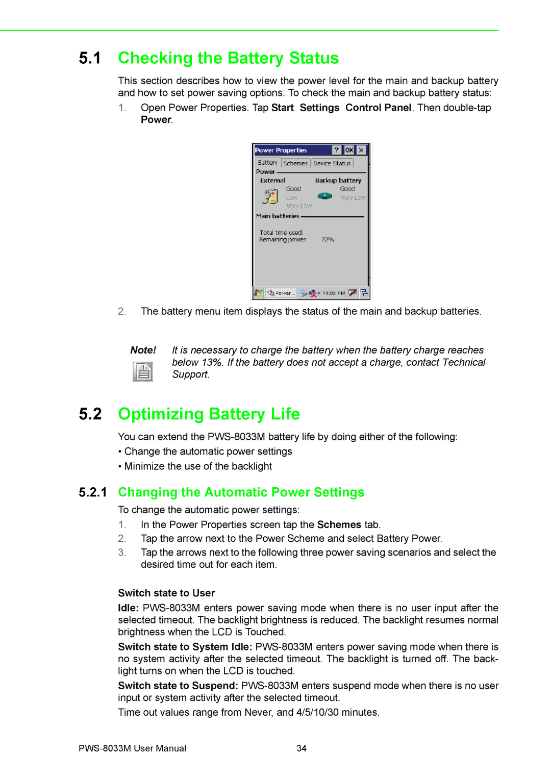 Advantech PWS-8033M manual Checking the Battery Status, Optimizing Battery Life, Changing the Automatic Power Settings 