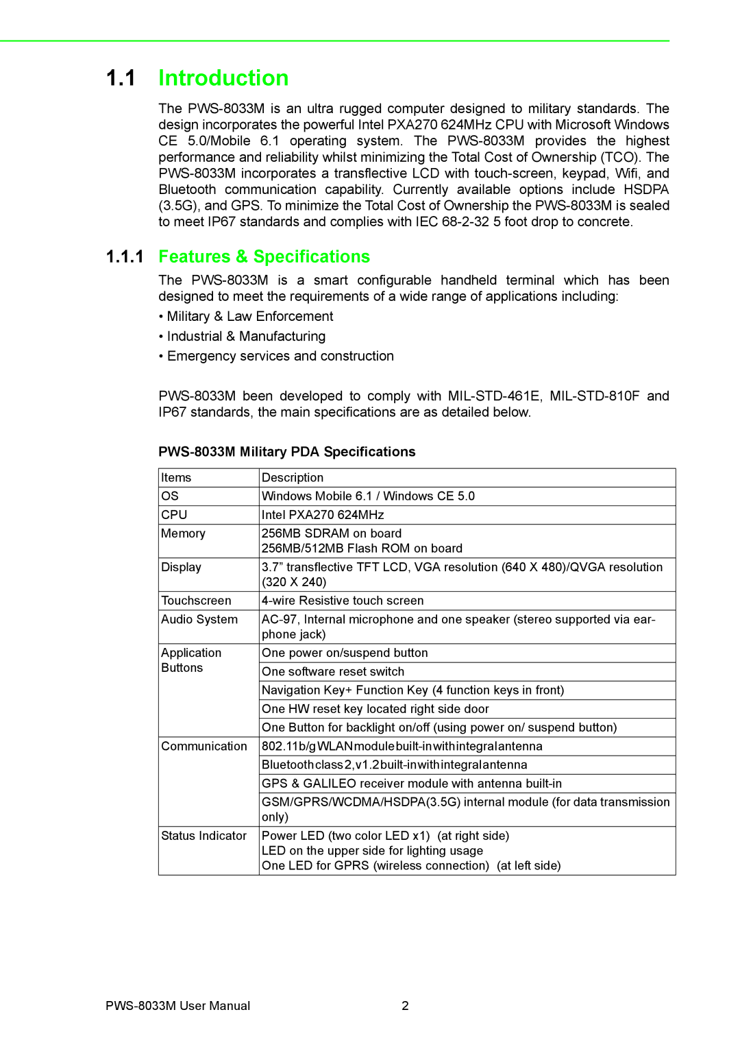 Advantech manual Introduction, Features & Specifications, PWS-8033M Military PDA Specifications 