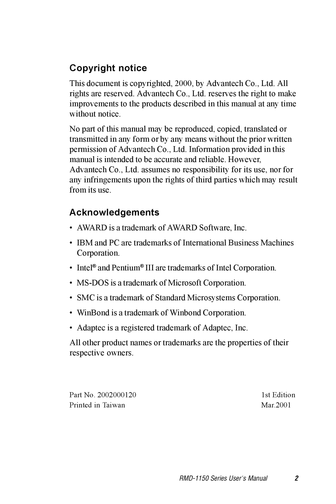 Advantech RMD-1150 user manual Copyright notice Acknowledgements 