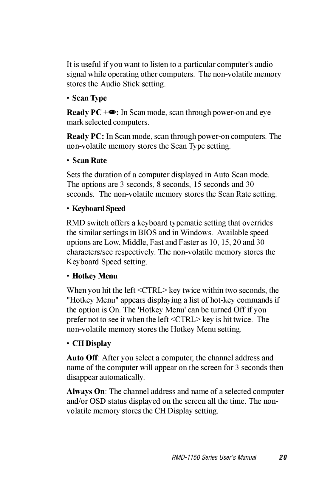 Advantech RMD-1150 user manual Scan Type, Scan Rate, Keyboard Speed, Hotkey Menu, CH Display 