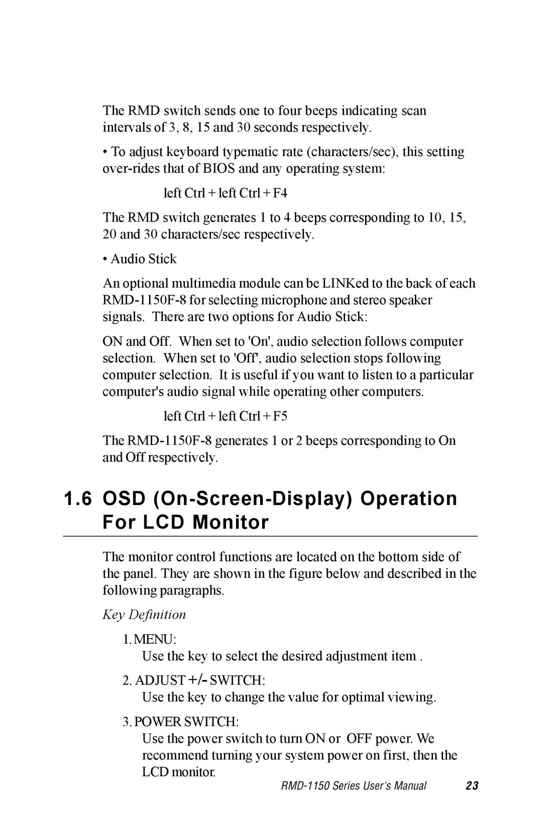 Advantech RMD-1150 user manual OSD On-Screen-Display Operation For LCD Monitor, Key Definition 