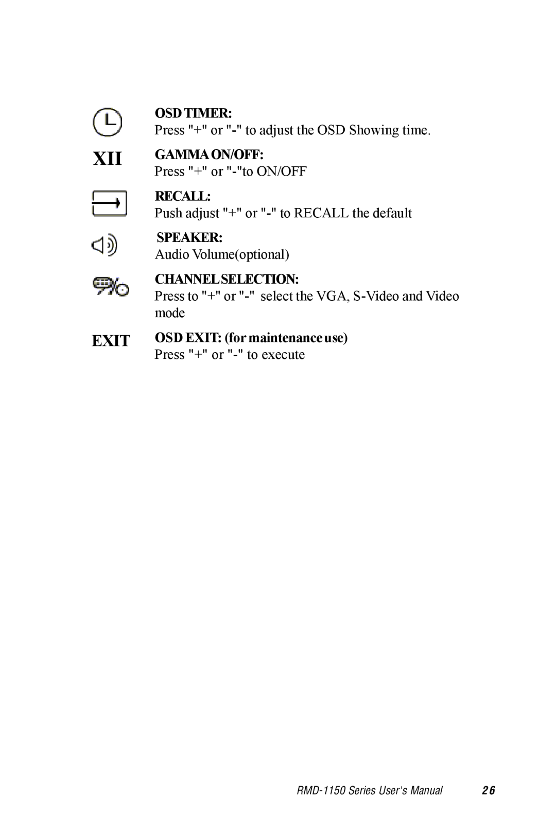 Advantech RMD-1150 user manual Xii, OSD Exit for maintenance use 