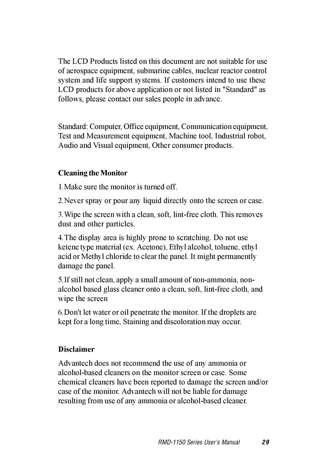 Advantech RMD-1150 user manual Cleaning the Monitor, Disclaimer 