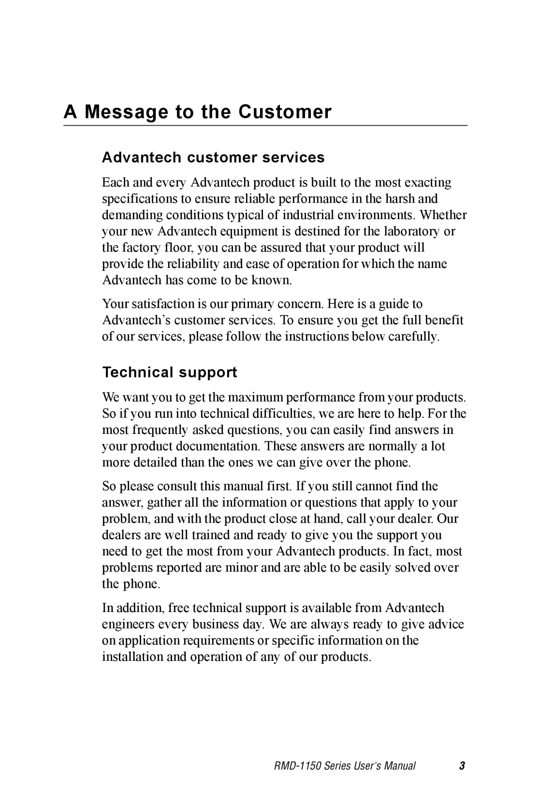 Advantech RMD-1150 user manual Message to the Customer, Advantech customer services, Technical support 