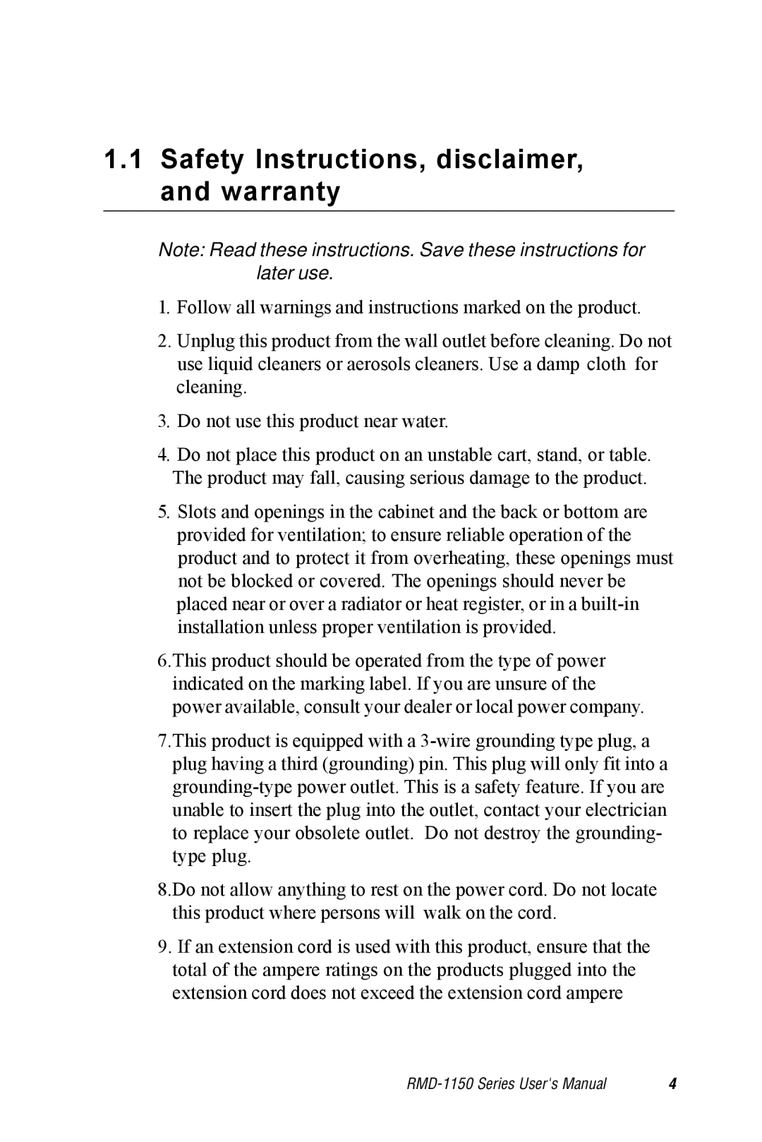 Advantech RMD-1150 user manual Safety Instructions, disclaimer, and warranty 