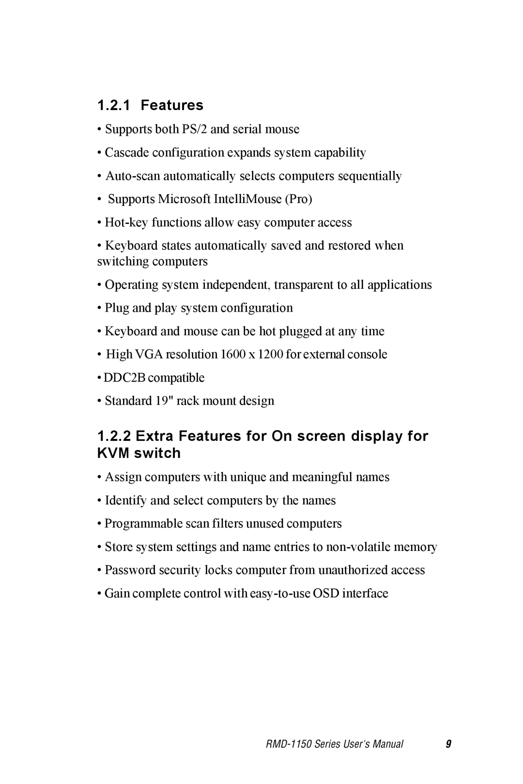 Advantech RMD-1150 user manual Extra Features for On screen display for KVM switch 