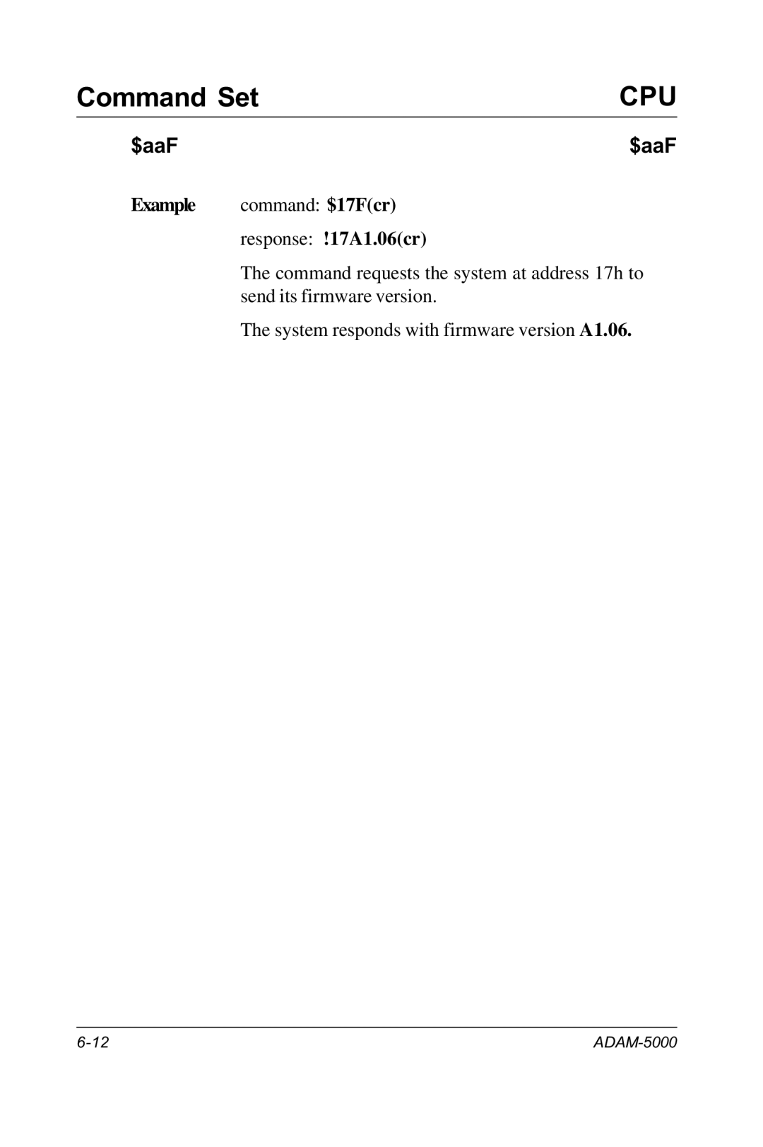 Advantech RS-485 user manual Example command $17Fcr Response !17A1.06cr 