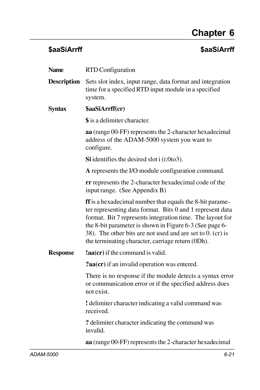 Advantech RS-485 user manual Syntax $aaSiArrffcr 