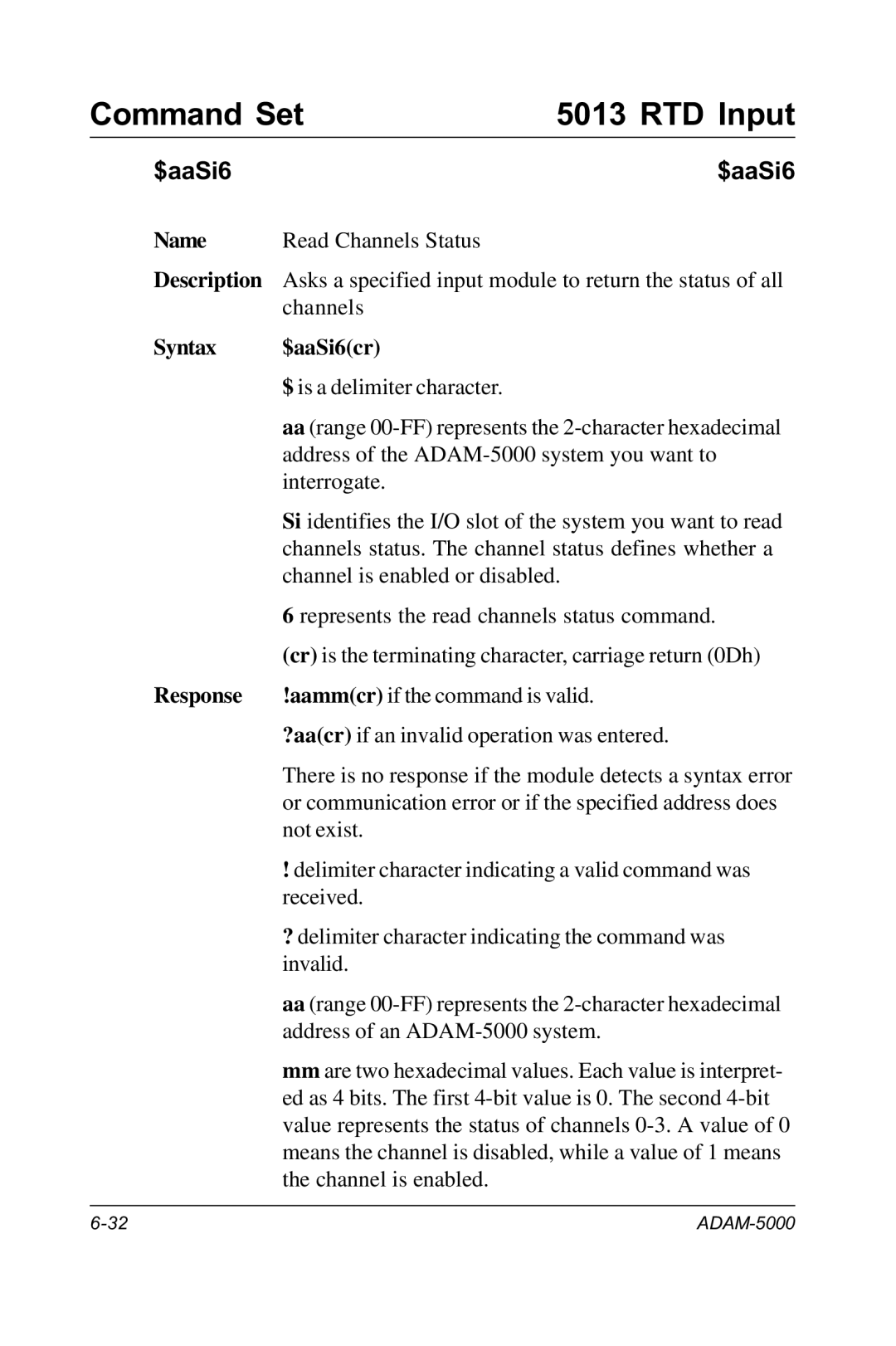 Advantech RS-485 user manual Syntax $aaSi6cr 