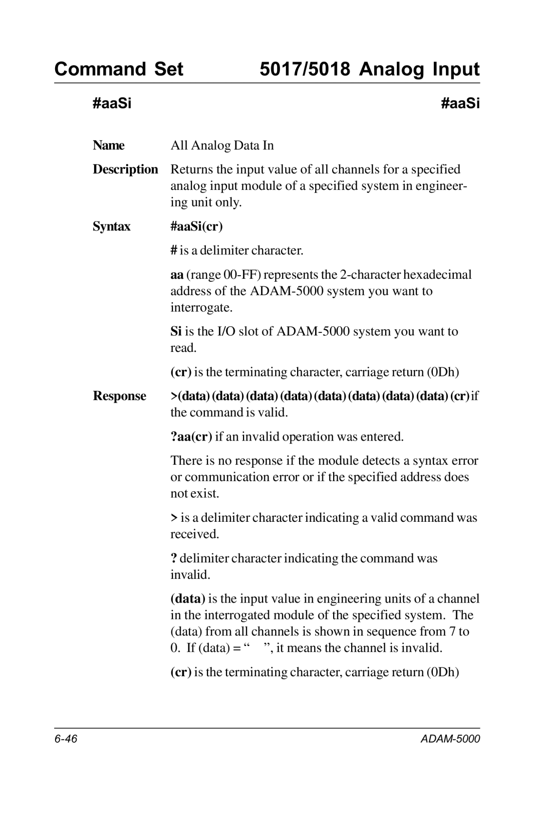 Advantech RS-485 user manual Syntax #aaSicr, Response Data data data data data data data data cr if 