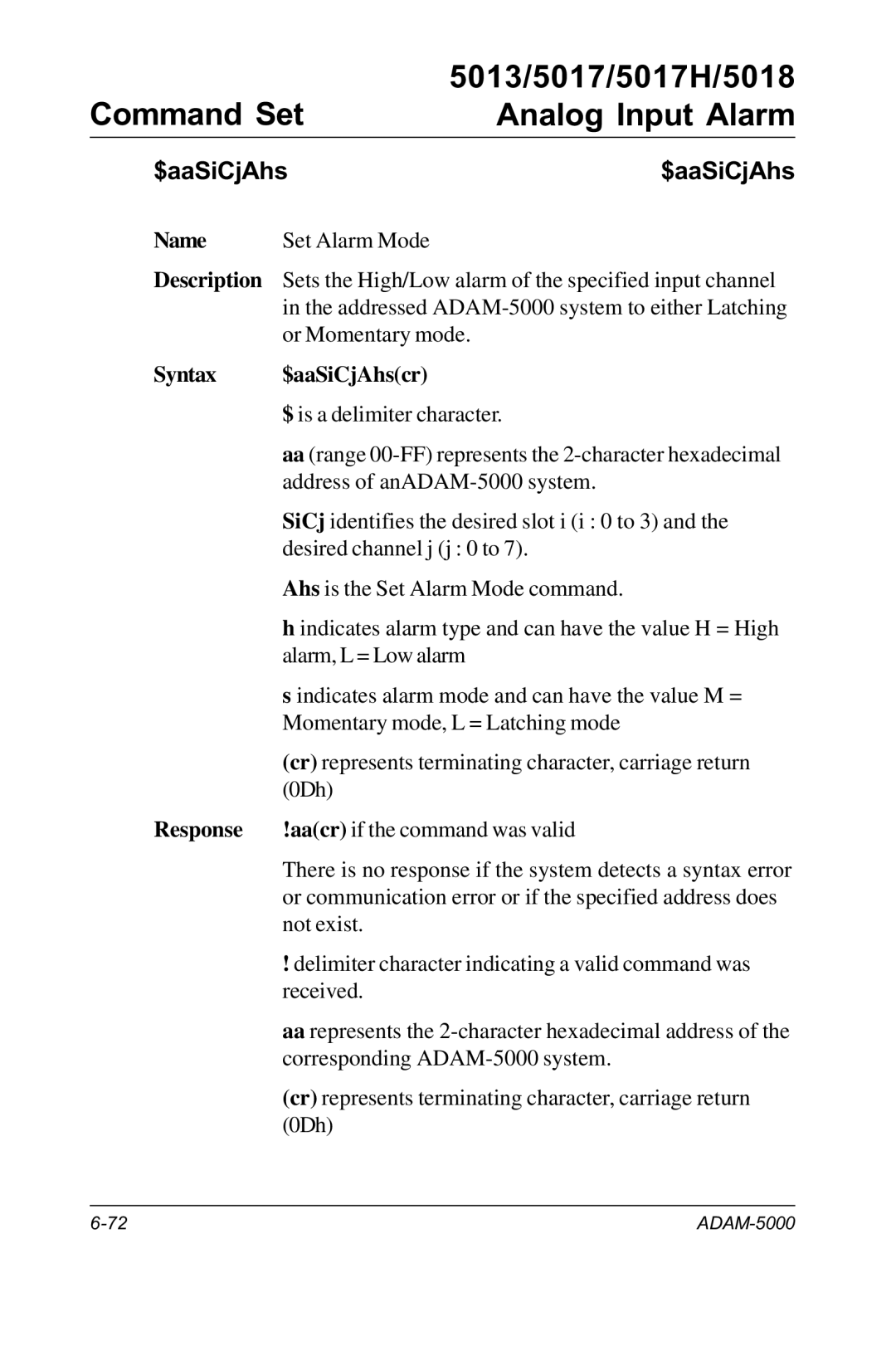 Advantech RS-485 user manual Syntax $aaSiCjAhscr 