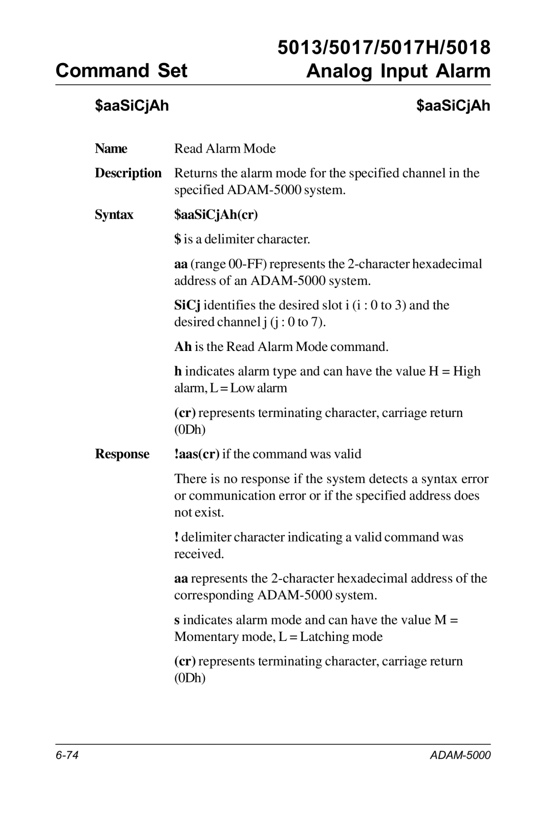 Advantech RS-485 user manual Syntax $aaSiCjAhcr 