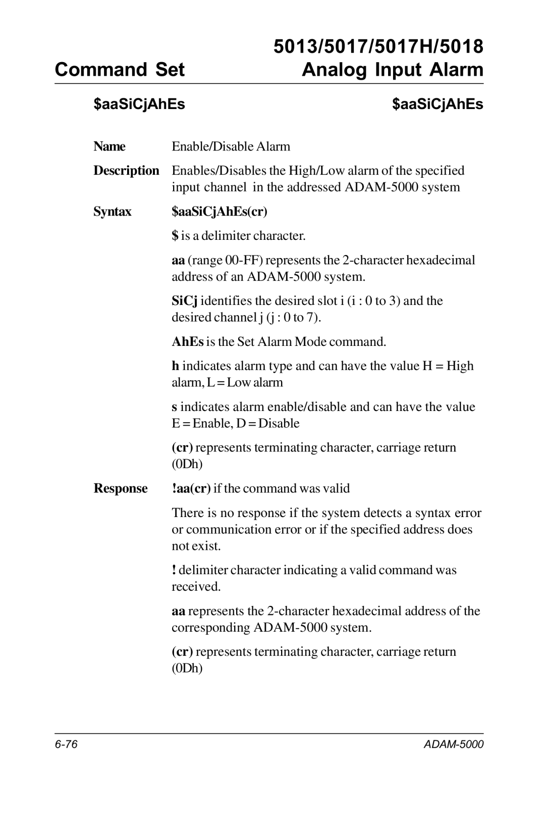 Advantech RS-485 user manual Syntax $aaSiCjAhEscr 