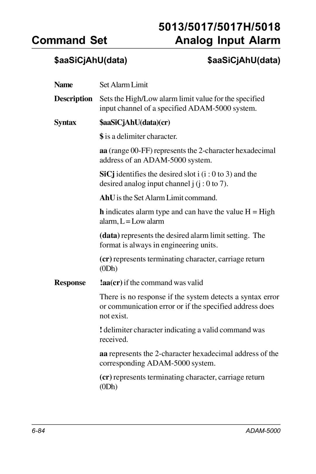 Advantech RS-485 user manual Syntax $aaSiCjAhUdatacr 