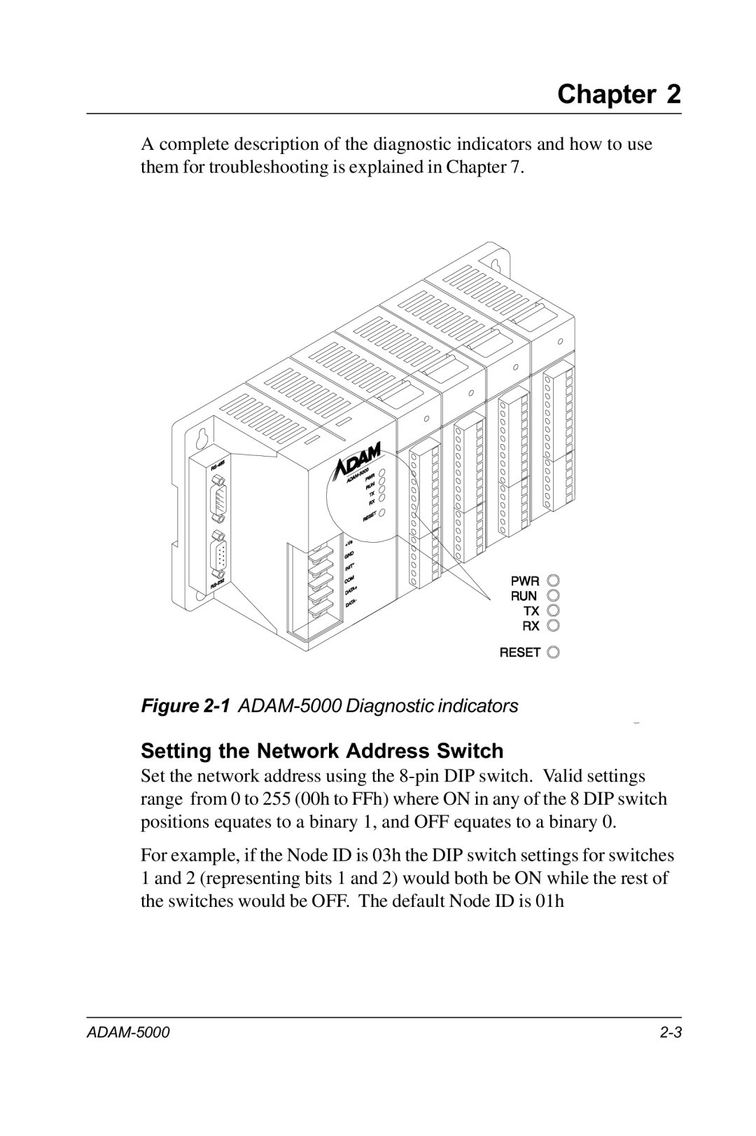 Advantech RS-485 user manual Setting the Network Address Switch, ADAM-5000 Diagnostic indicators 