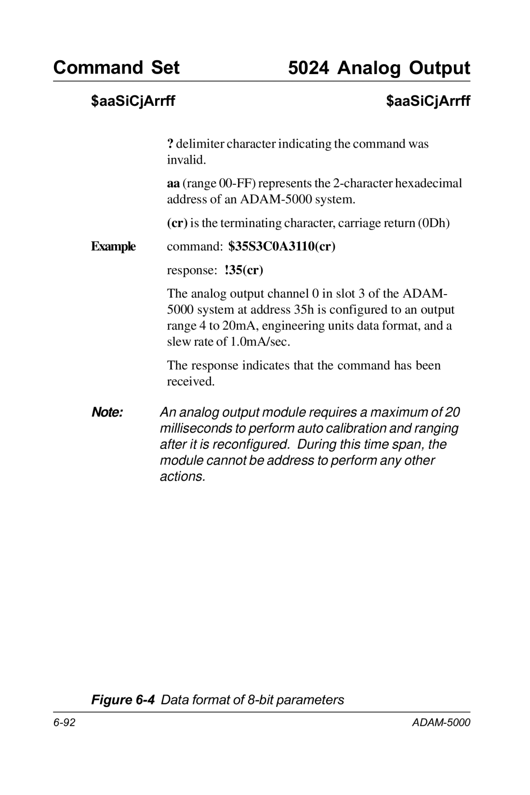 Advantech RS-485 user manual Example command $35S3C0A3110cr, Data format of 8-bit parameters 