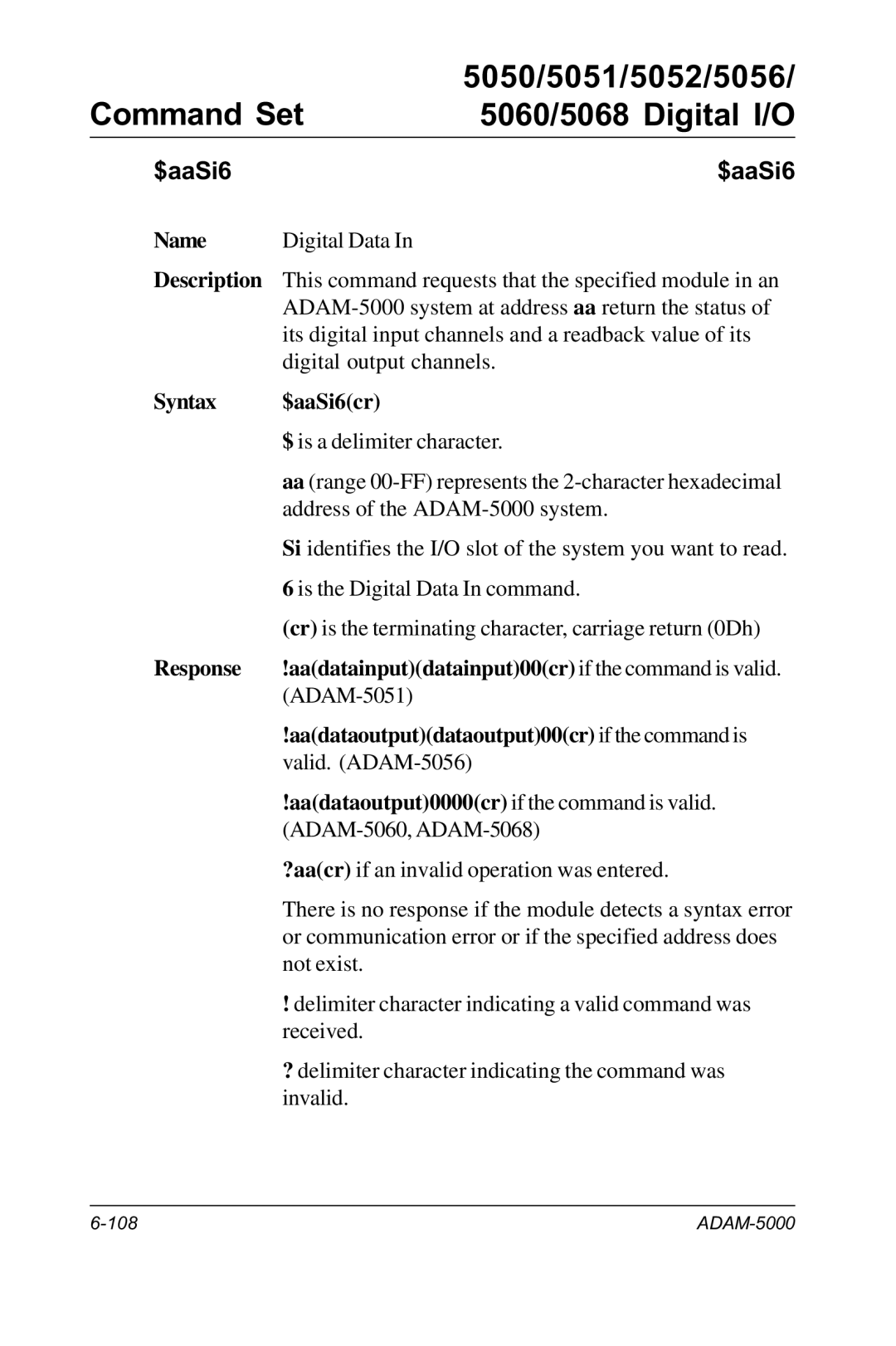 Advantech RS-485 Response Aadatainputdatainput00cr if the command is valid, Aadataoutputdataoutput00cr if the command is 