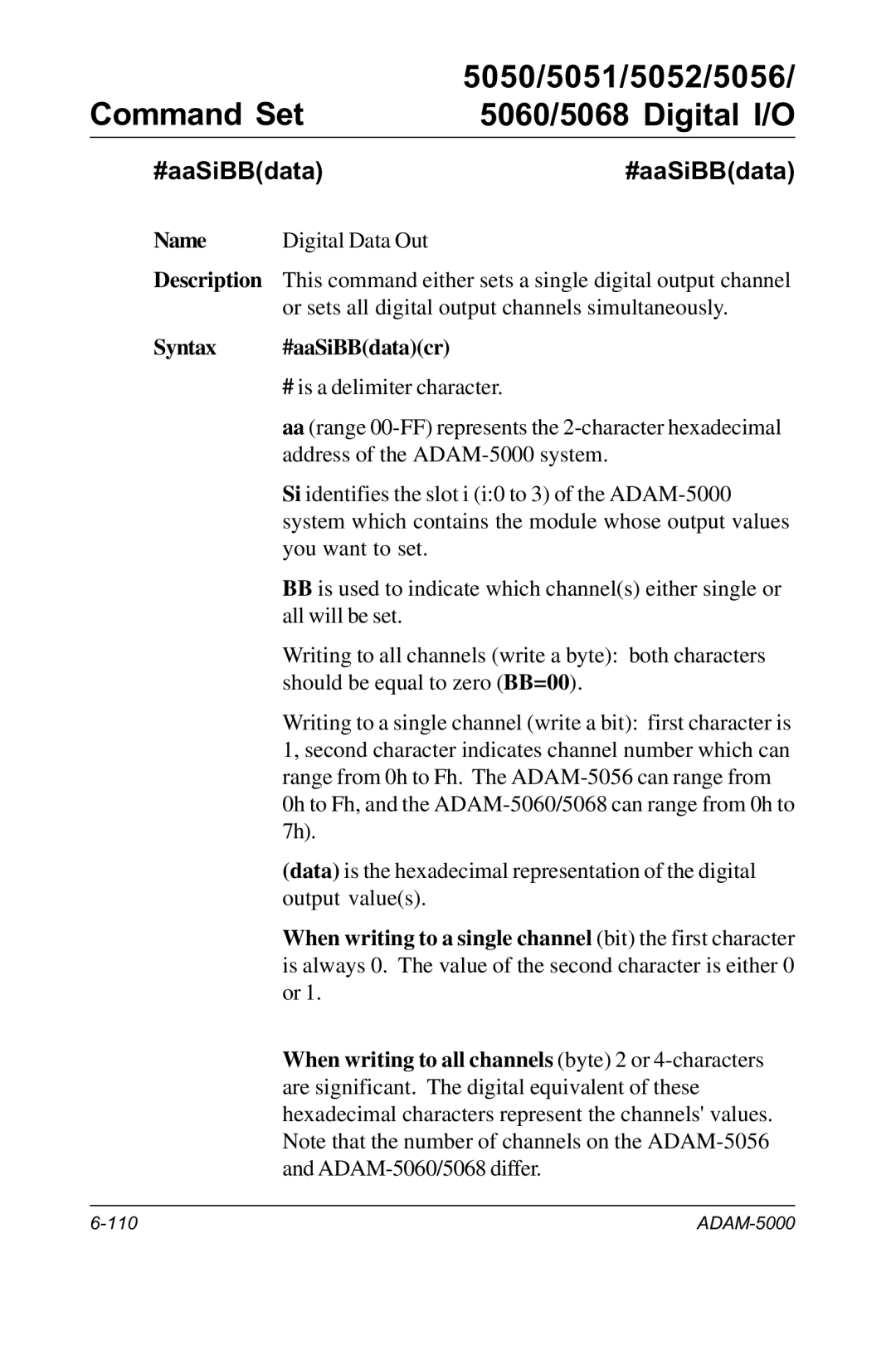 Advantech RS-485 user manual Syntax #aaSiBBdatacr, When writing to a single channel bit the first character 