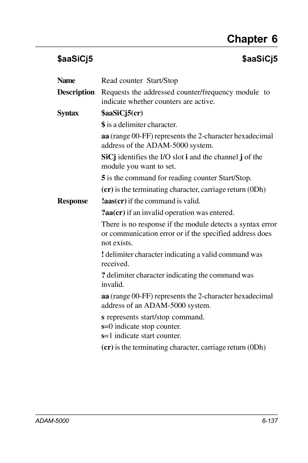 Advantech RS-485 user manual Syntax $aaSiCj5cr 