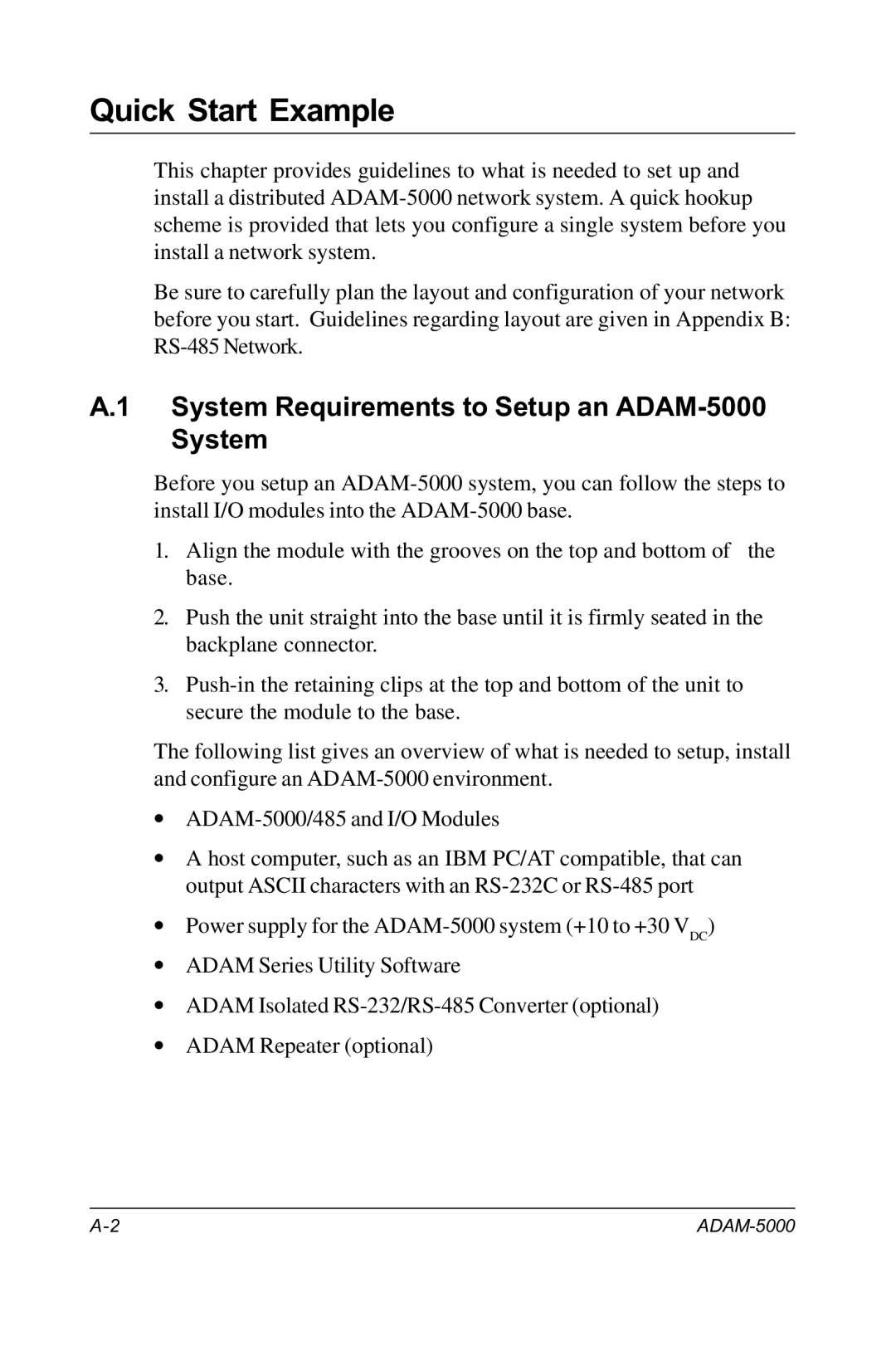 Advantech RS-485 user manual System Requirements to Setup an ADAM-5000 System 