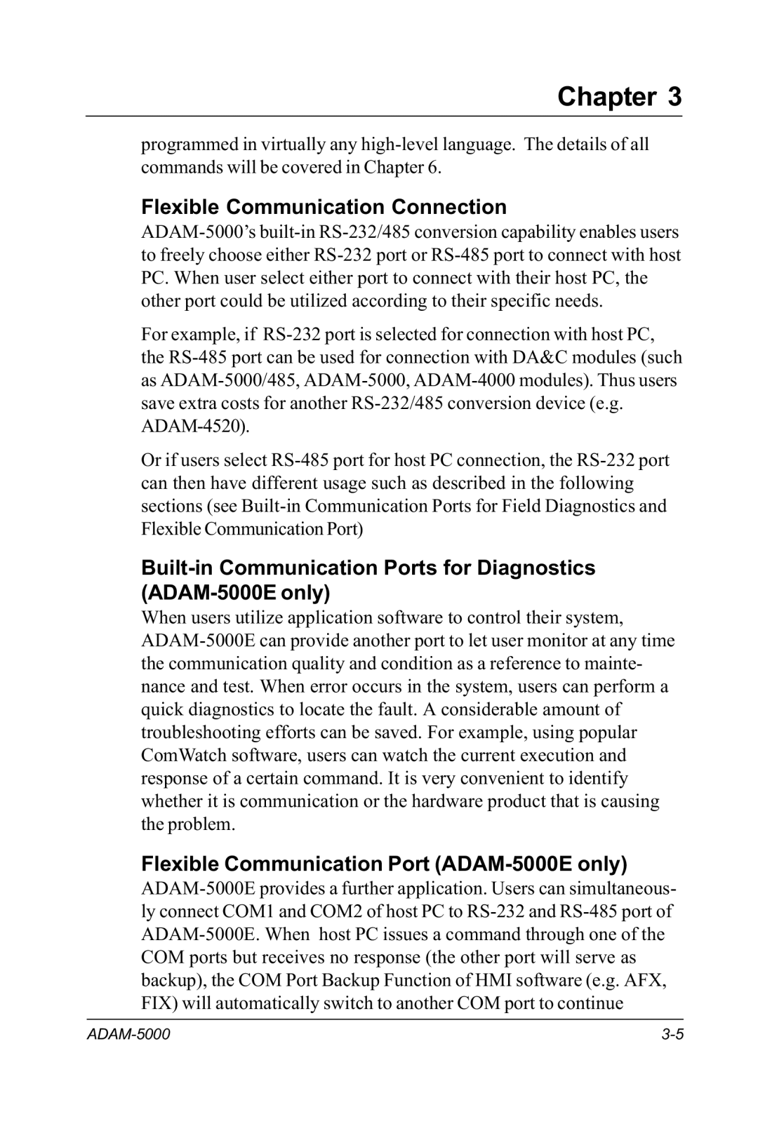 Advantech RS-485 user manual Flexible Communication Connection, Flexible Communication Port ADAM-5000E only 