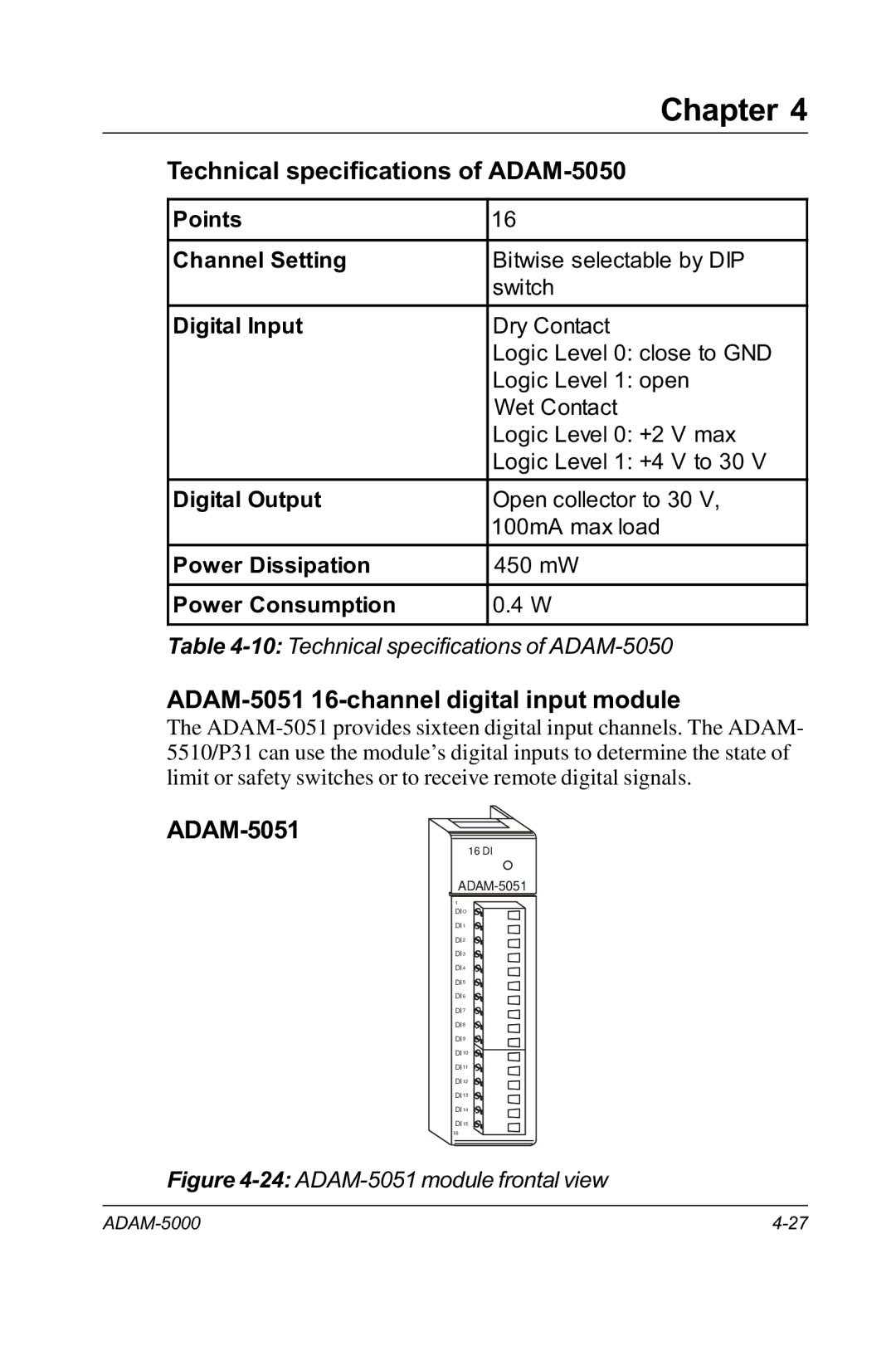 Advantech RS-485 user manual Technical specifications of ADAM-5050, ADAM-5051 16-channel digital input module 